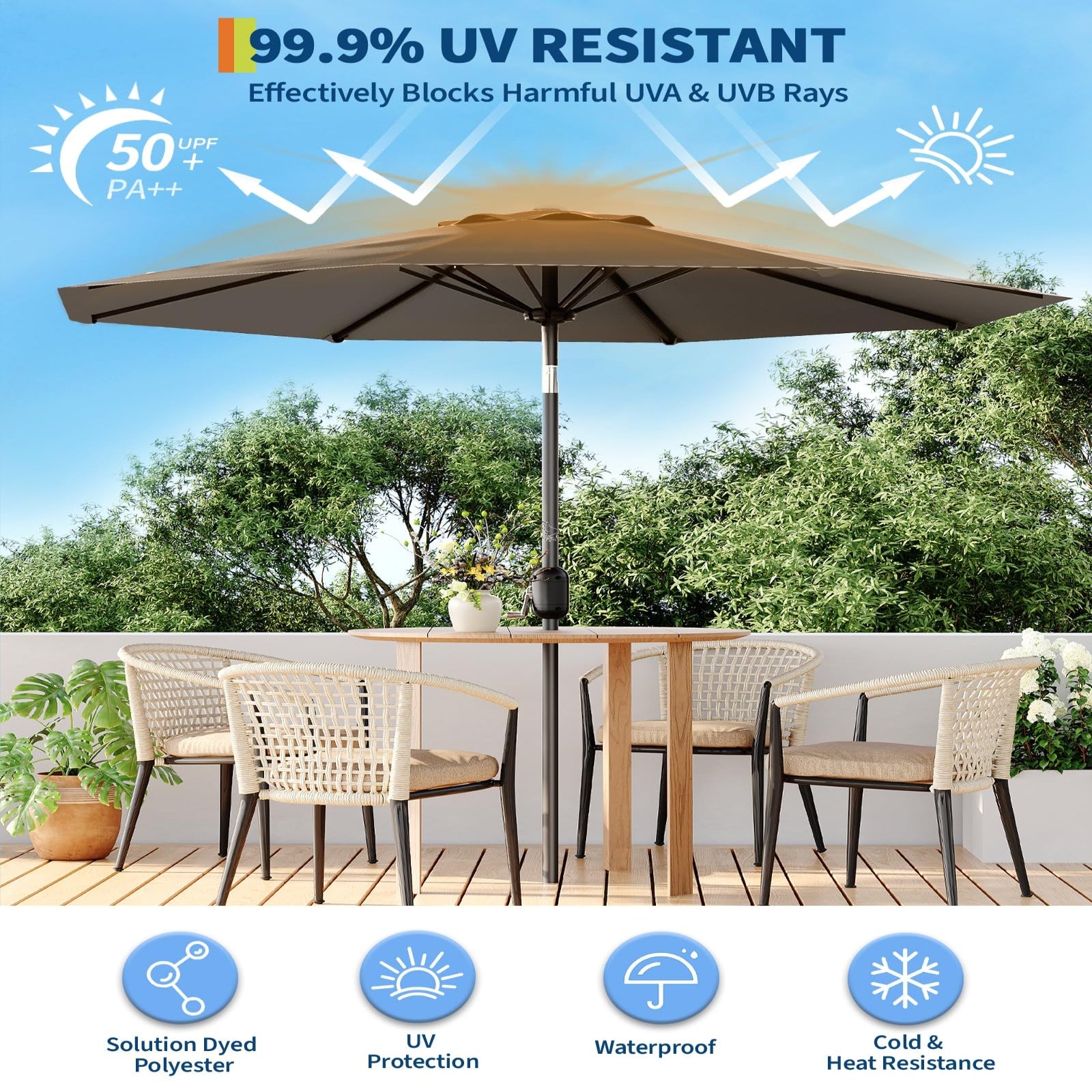Garvee 9 ft Outdoor Patio Umbrella with 8 Sturdy Ribs, Crank Lift, Push-Button Tilt & UV-Resistant Waterproof Canopy for Pool, Deck, Yard & Garden, Taupe