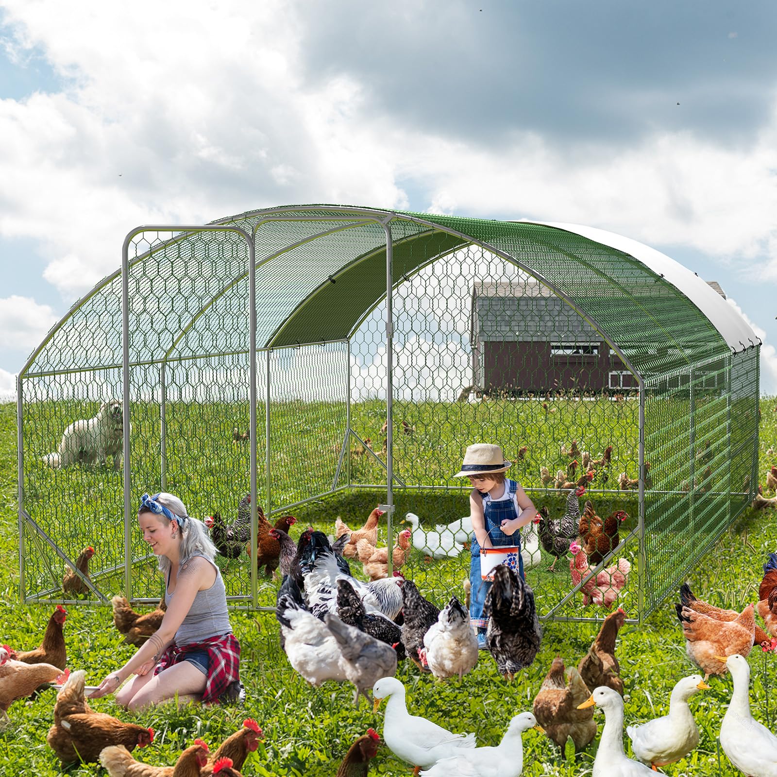 Garvee Large Metal Chicken Coop, Dome Shape Chicken Coop with Upgrade Tri-Supporting, Chicken Coop Run with Waterproof and Anti-UV Cover (19.7'L x 9.8'W x 6.6'H)