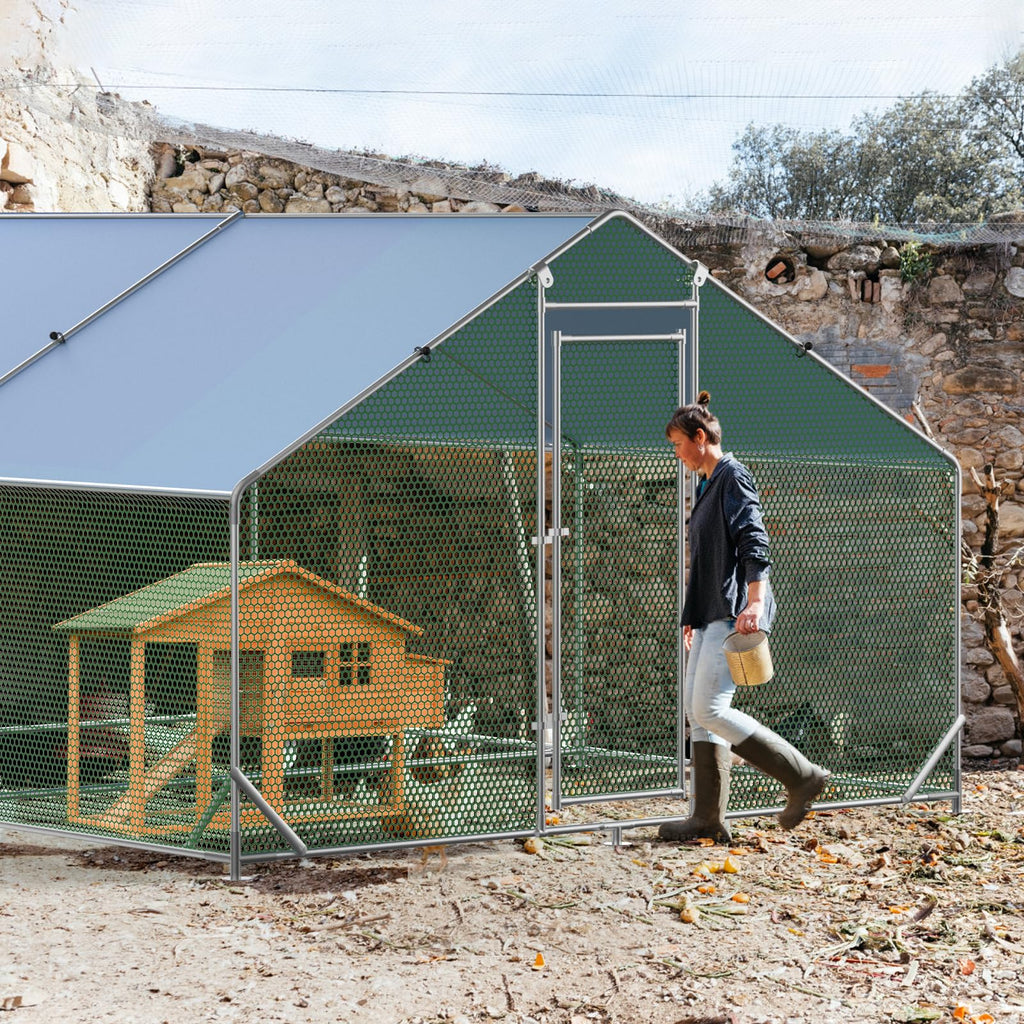 Garvee Chicken Run 9.8'x13'x6.4', Large Metal Chicken Coop Heavy Duty Hen House with Waterproof Anti-Uv Cover for Outdoor Chicken Pens with Reforced Tri-Supporting Steel Frame, Silver, Spire Roof