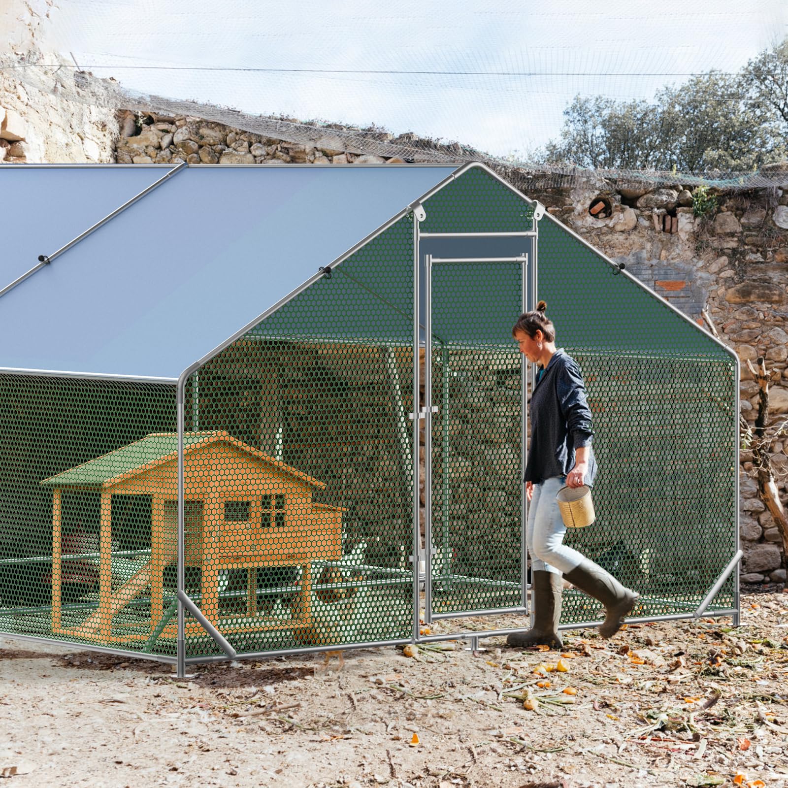 Garvee Chicken Run 9.8'x13'x6.4', Large Metal Chicken Coop Heavy Duty Hen House with Waterproof Anti-Uv Cover for Outdoor Chicken Pens with Reforced Tri-Supporting Steel Frame, Silver, Spire Roof
