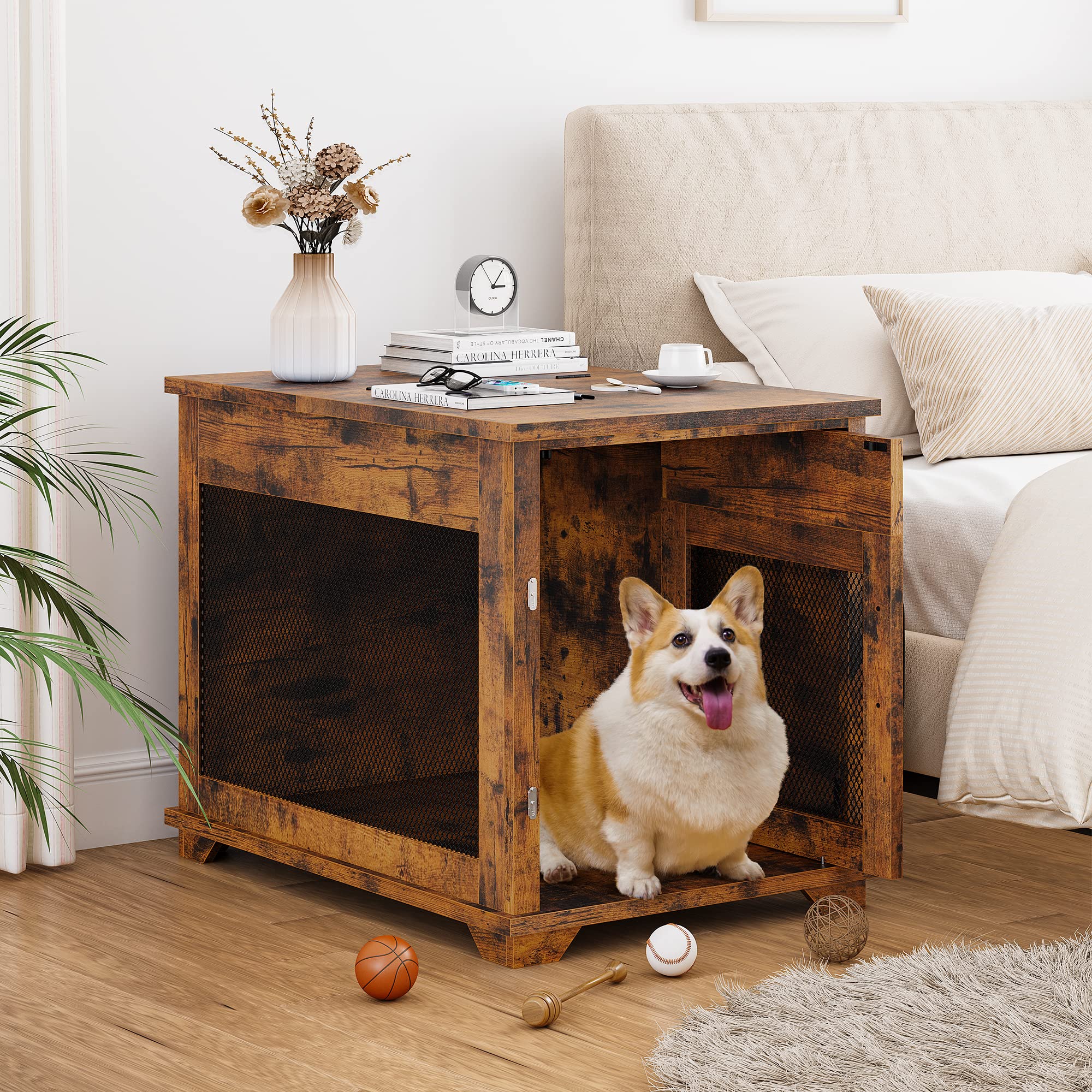 Garvee Furniture Style Dog Crate with Pocket Hiding Door, Lockable End Table, Rustic Brown, Flip Top, 32” for Small Dogs