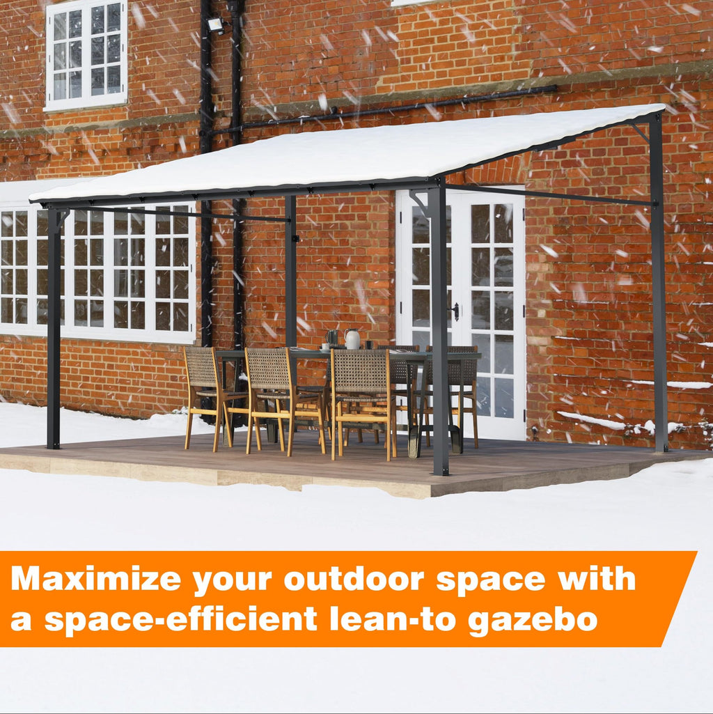 Garvee 10'x12' Lean-To Hardtop Gazebo - Aluminum Frame Wall Pergola for Patio & Lawn, Space-Saving Outdoor Shelter Grey