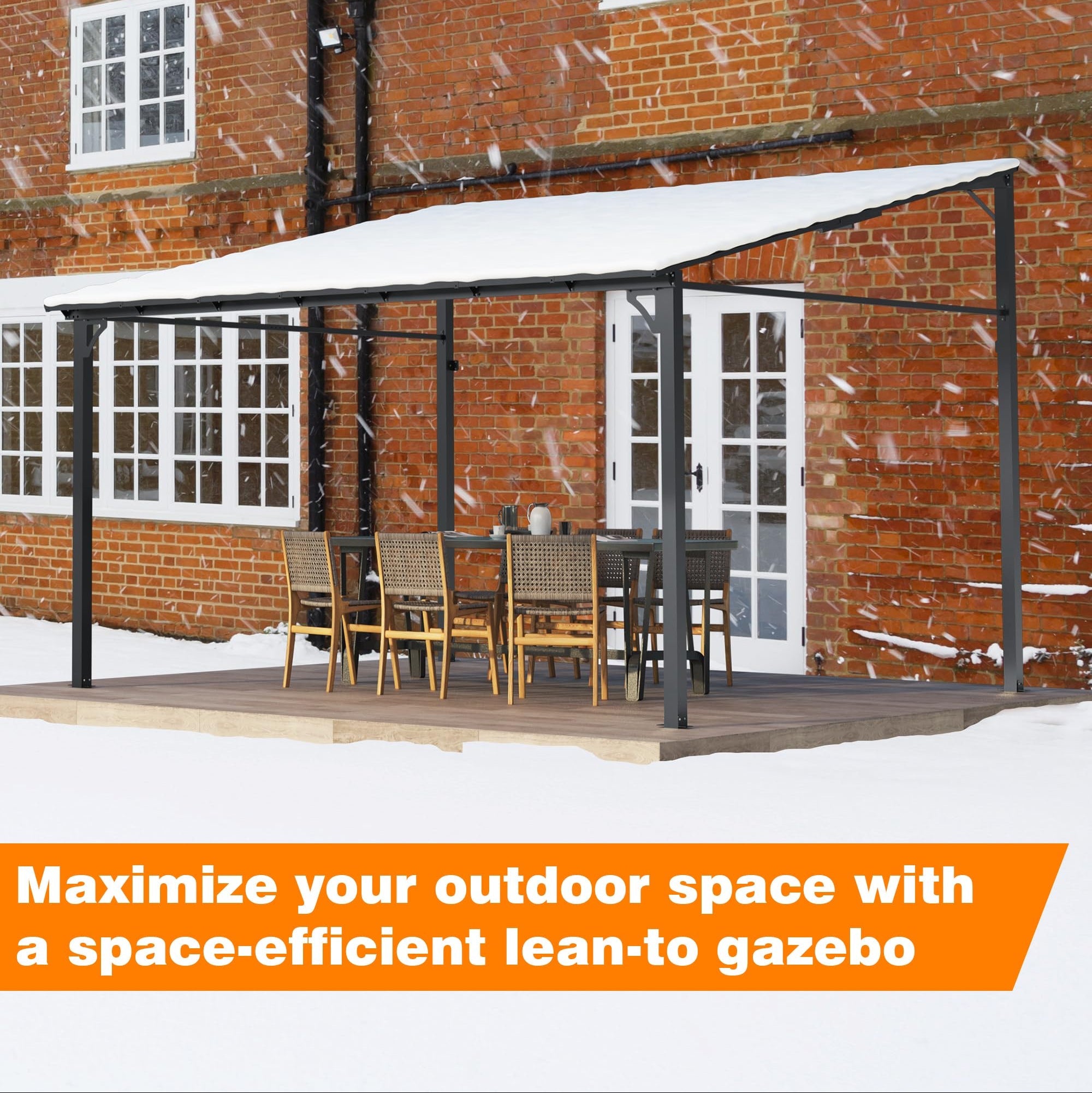 Garvee 10'x12' Lean-To Hardtop Gazebo - Aluminum Frame Wall Pergola for Patio & Lawn, Space-Saving Outdoor Shelter Grey