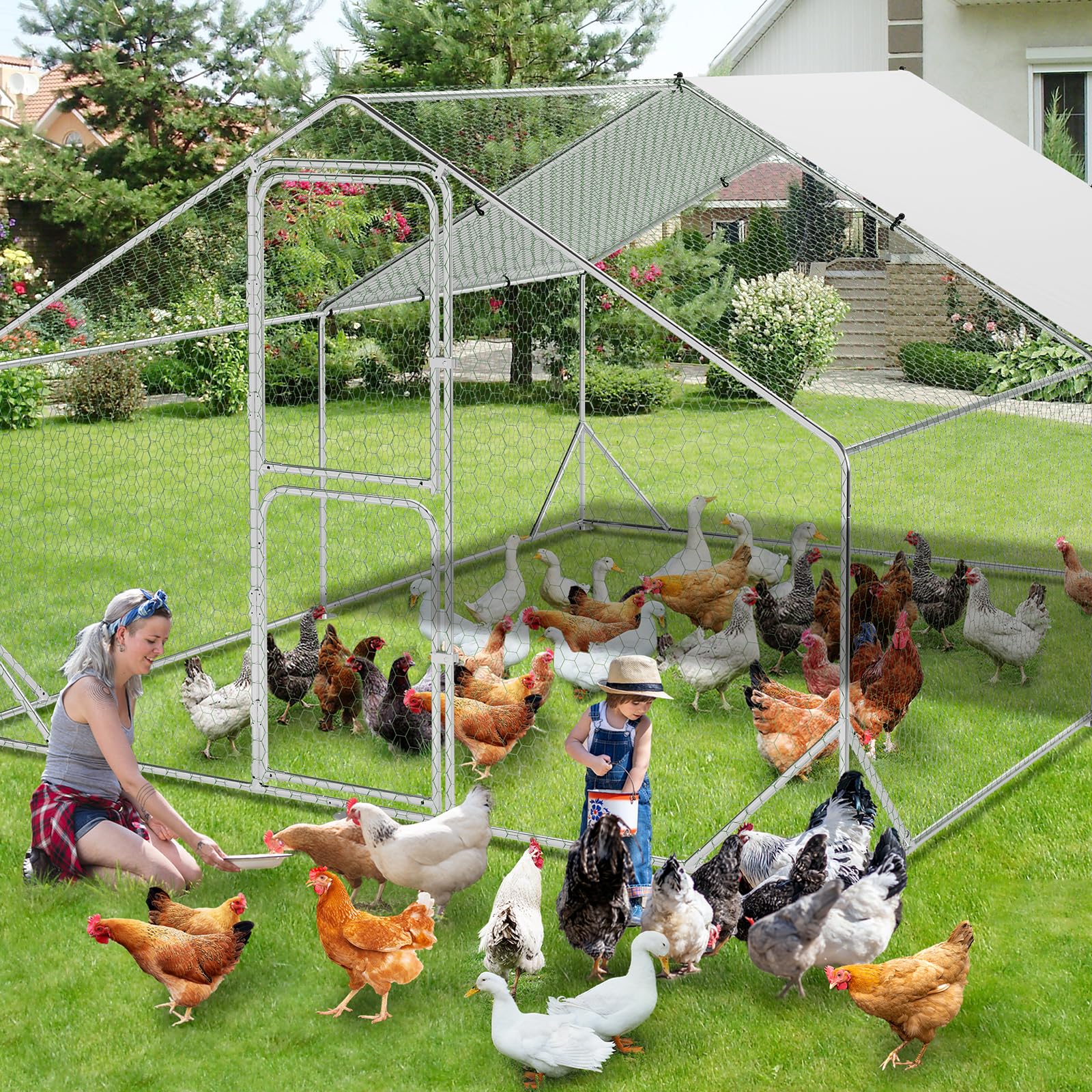 Garvee Large Metal Chicken Coop, Chicken Coop Run with Cover, Large Chicken Run with Double Door, Chicken Pen for Outdoor Farm Yard (13.1'L x 9.8'W x 6.6'H)