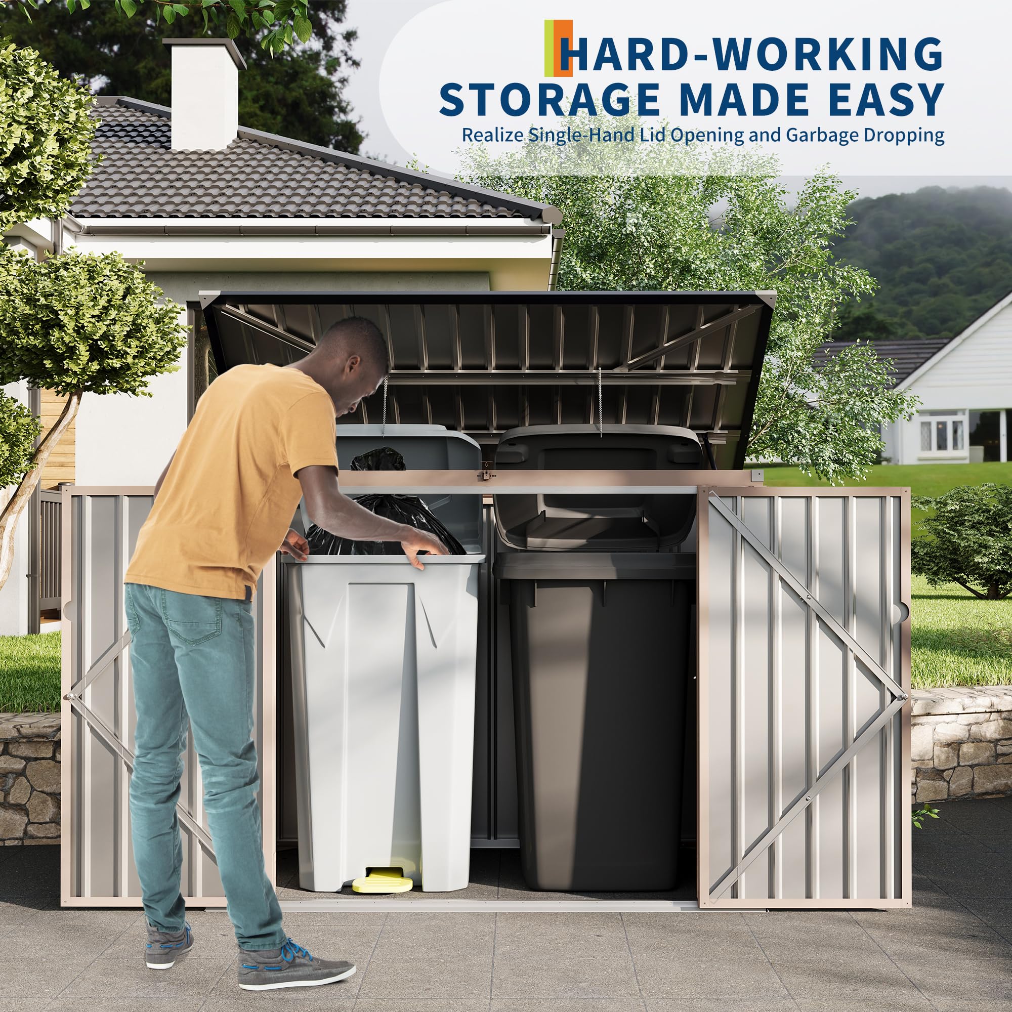 Garvee 3x6ft Metal Outdoor Storage Shed for 2 Trash Cans, Garbage Bin Shed with Chain Lid, Durable Garden, Backyard & Patio Storage