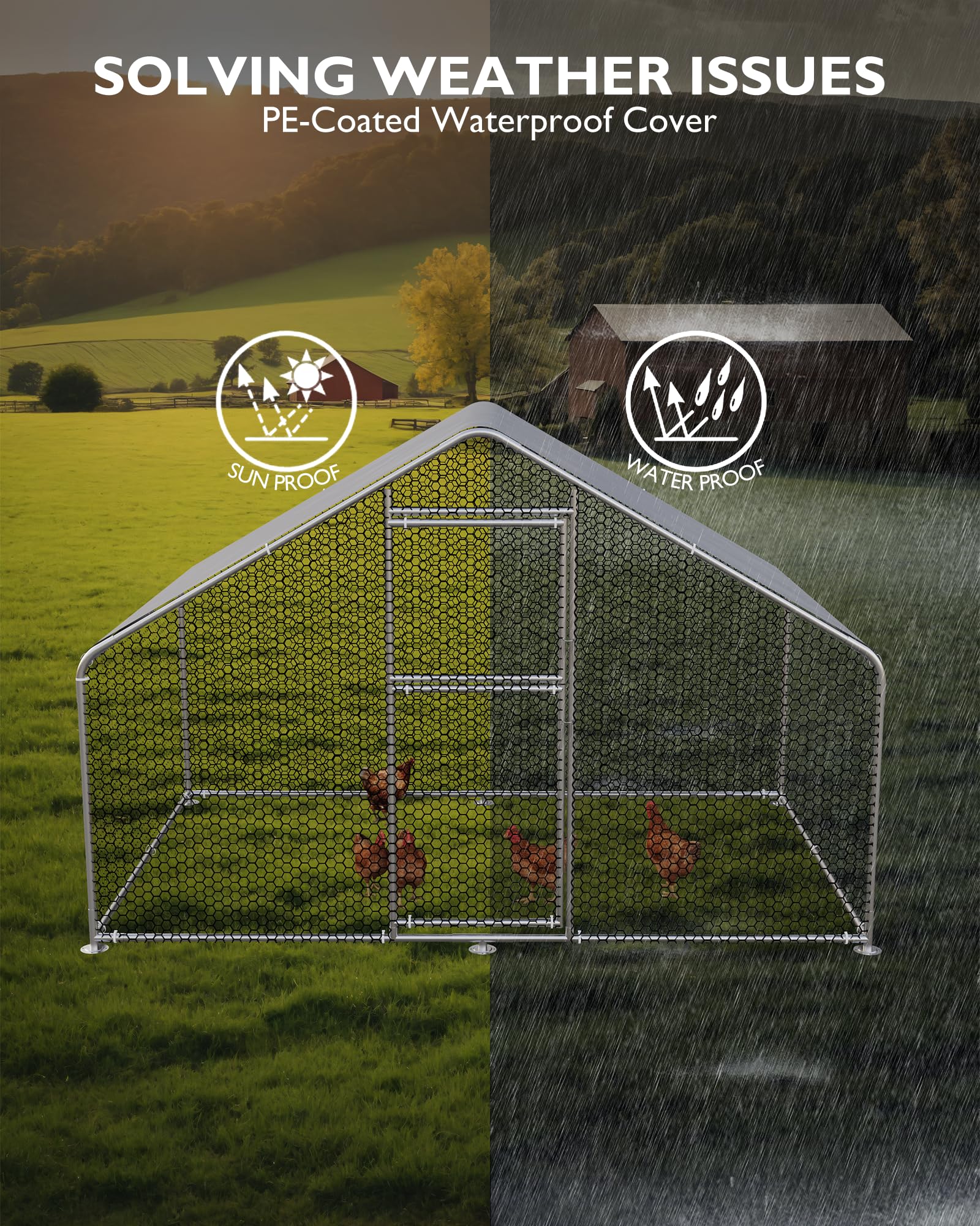 Garvee Large Metal Chicken Coop: Outdoor Walk-in Poultry Cage for 6-10 Chickens, Spire Shaped, Waterproof Anti-UV Cover for Farm or Backyard