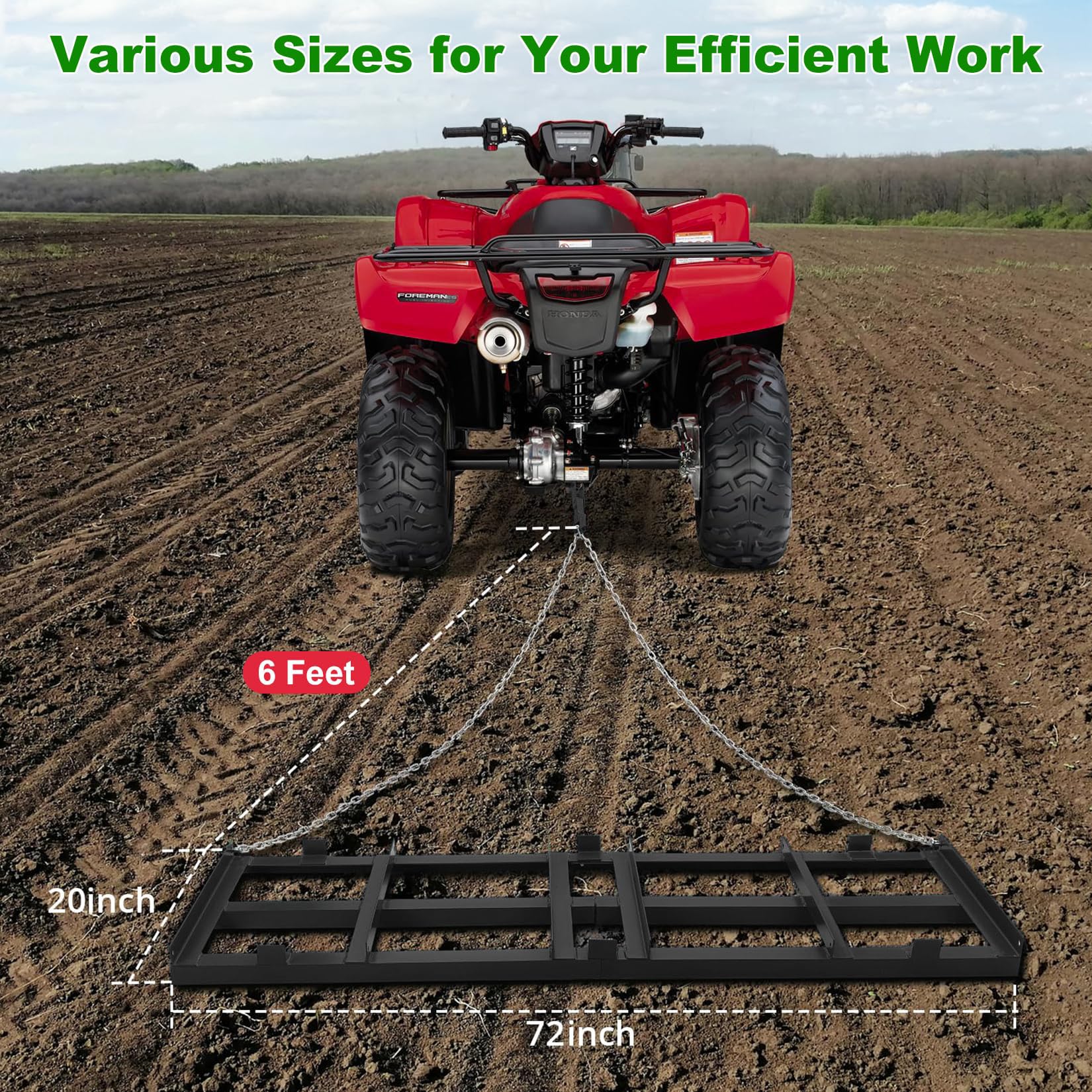 Garvee 6 FT Drag Harrow Driveway Grader, Heavy Duty Power Rake, Driveway Drag for Gravel W/ 6 FT Chain, Tow Behind Lawn Rake for ATV, UTV, Tractor, Mower, Land Leveler for Gravel, Sand, Soil, Hay