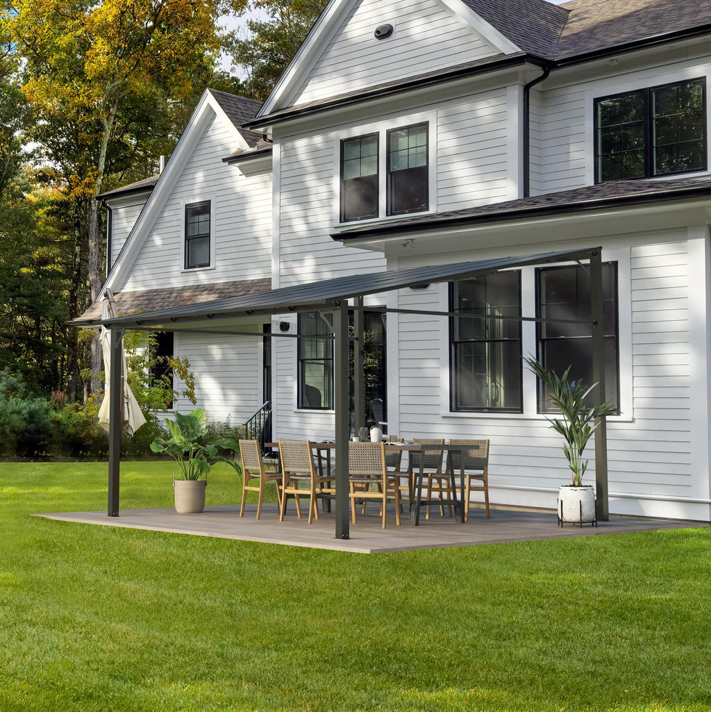 Garvee 10'x12' Lean-To Hardtop Gazebo - Aluminum Frame Wall Pergola for Patio & Lawn, Space-Saving Outdoor Shelter Grey