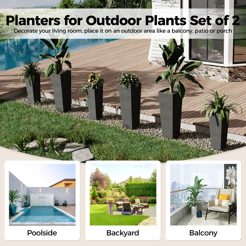 Garvee 2 Pack Large Planters for Indoor Plants, Outdoor Tall Planter with Drainage Holes, Plant Pots for Trees Flowers, All-Weather Use with Removable Insert Bucket (24inch, 32 inch, Black)