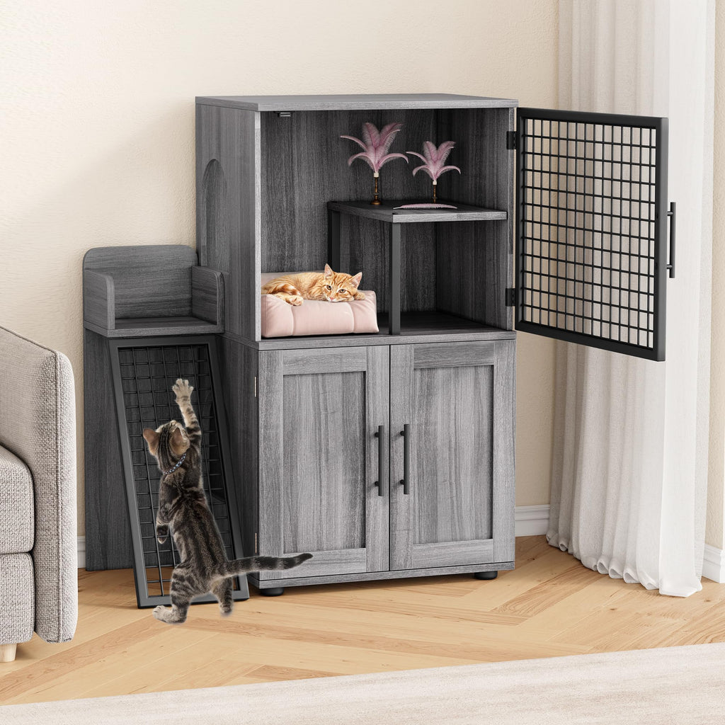 Garvee Modern Villa Cat Litter Box Enclosure + Hidden Furniture + Double Layer + MDF & Iron + Ladder & Ventilation + Indoor Use