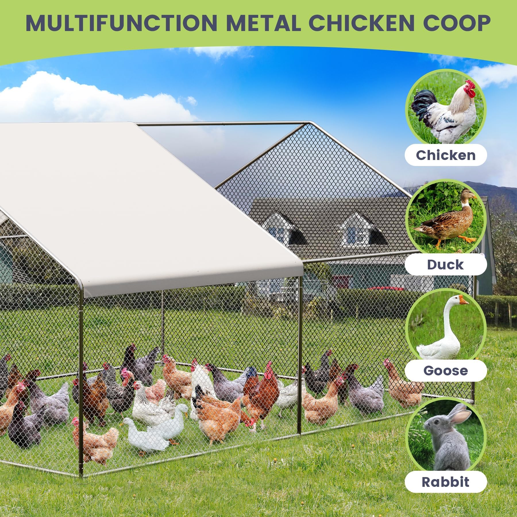 Garvee Large Metal Chicken Coop, Walk-in Poultry Cage, Chicken House with Waterproof and Anti-Ultraviolet Cover for Outdoor Yard Farm Silver 9.8X13.1X6.6FT