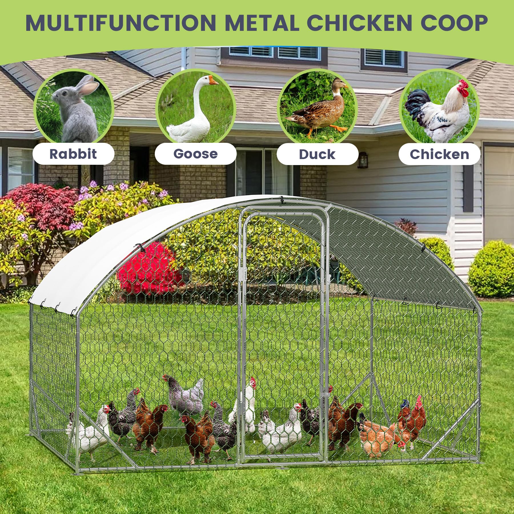 Garvee Large Metal Chicken Coop, Upgrade Tri-Supporting Metal Chicken Run, Large Chicken Pen with Waterproof and Anti-UV Cover, for Duck Rabbit House Outdoor (9.8' W x 6.5' L x 6.5' H)