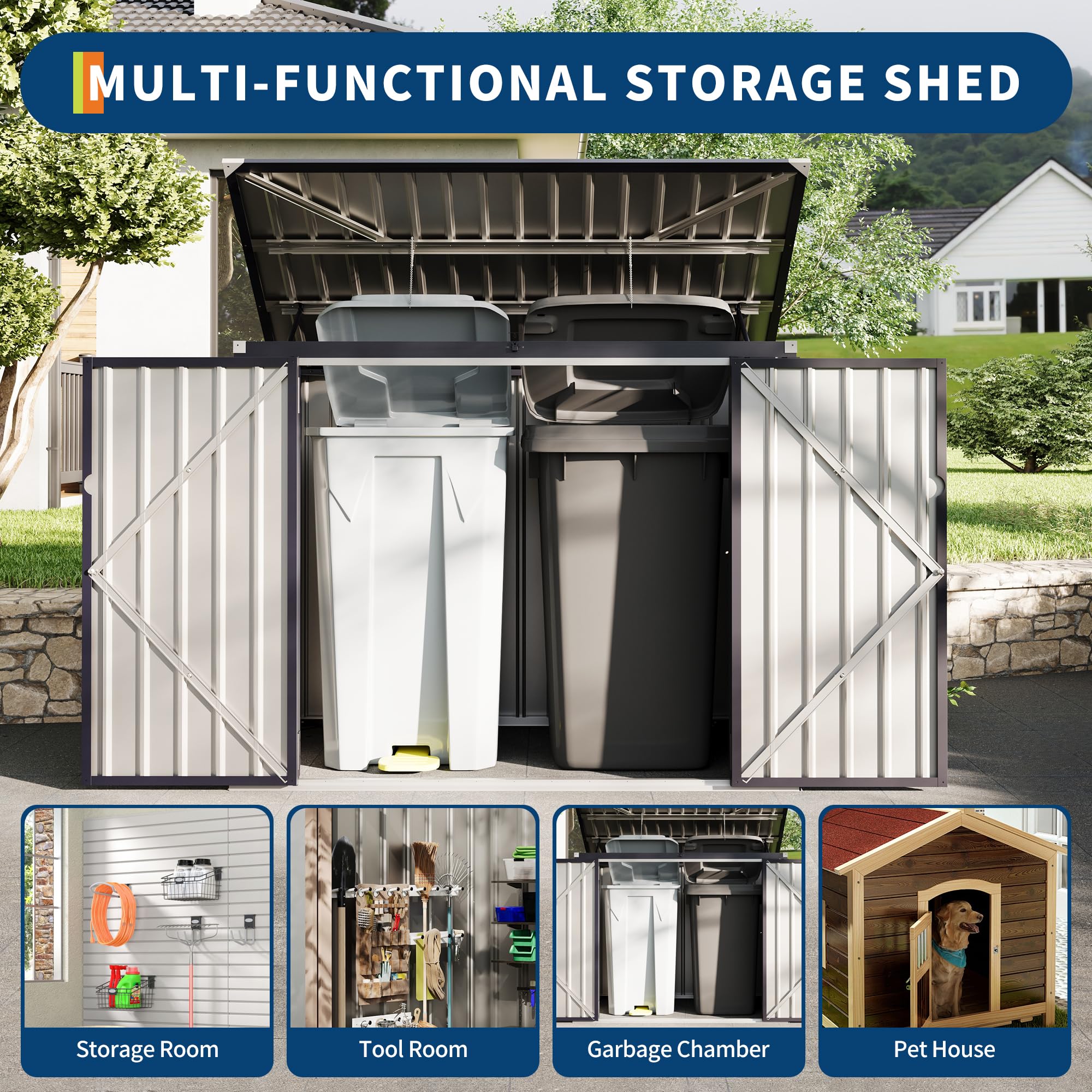 Garvee 3x6ft Metal Outdoor Storage Shed for 2 Trash Cans, Garbage Bin Storage with Chain Lid, Durable Garden, Backyard & Patio Shed