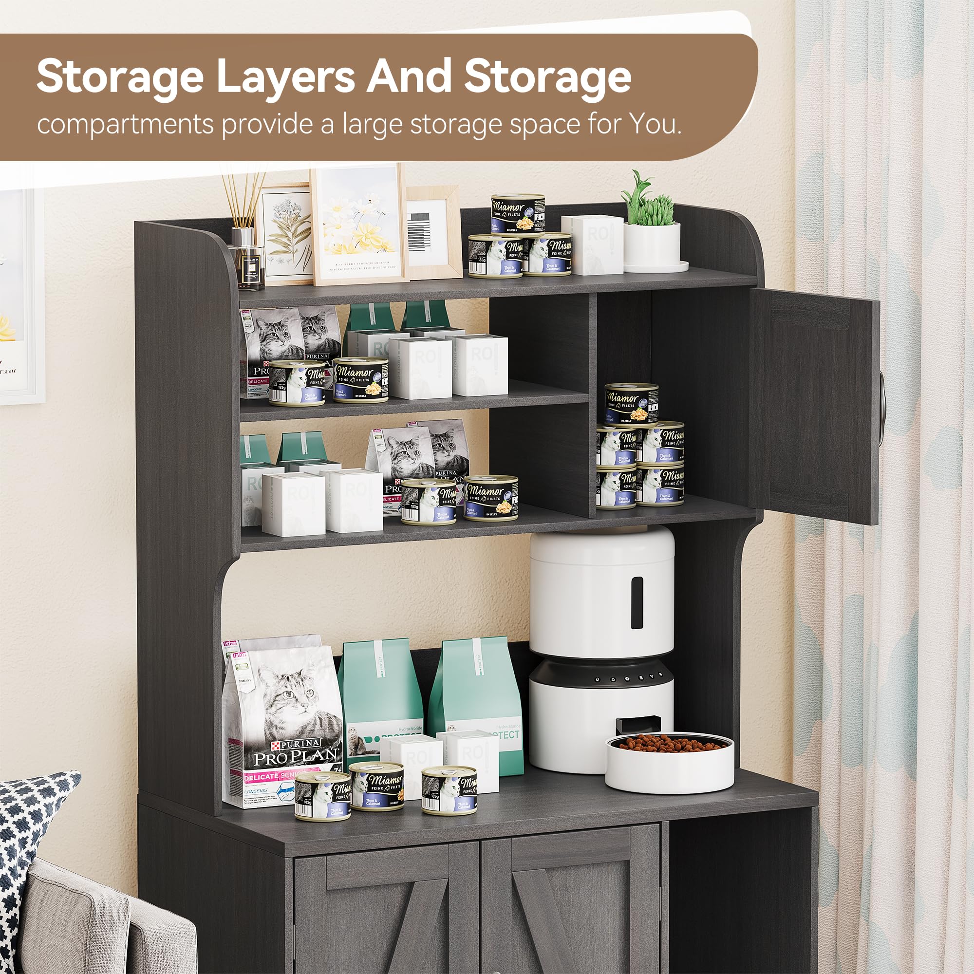Garvee Cat Litter Box Enclosure, Modern Hidden Cat Litter Box Furniture with 4-Tier Storage Shelves, 2 Cabinets, Cat Litter Mat, Large Wood Indoor Cat House Furniture for Home, Walnut Wood