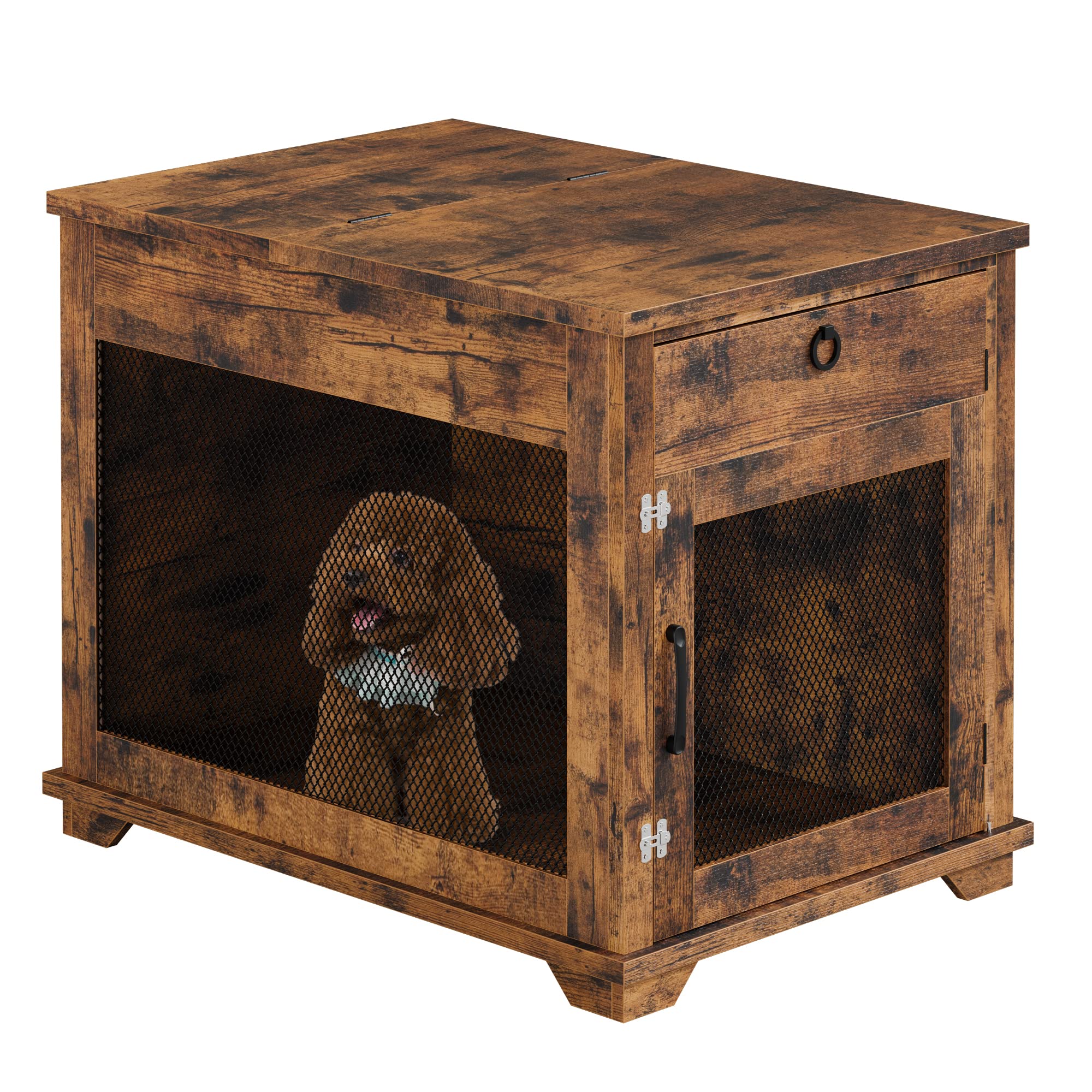 Garvee Furniture Style Dog Crate with Pocket Hiding Door, Lockable End Table, Rustic Brown, Flip Top, 32” for Small Dogs