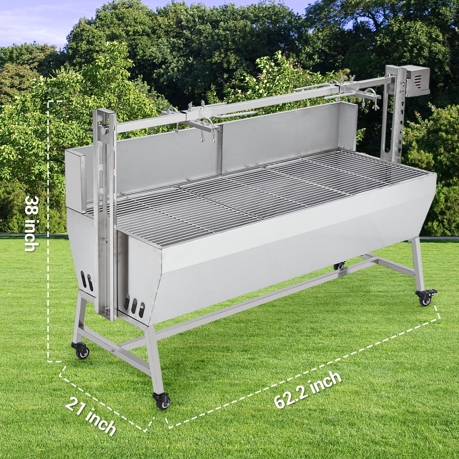 Garvee Stainless Steel Rotisserie Grill with Wind Screen, 62in 200LB Capacity Electric BBQ Pig Lamb Rotisserie Roaster with 50W Motor, Charcoal Spit Roaster Grill for Outdoor Kitchen, Camping