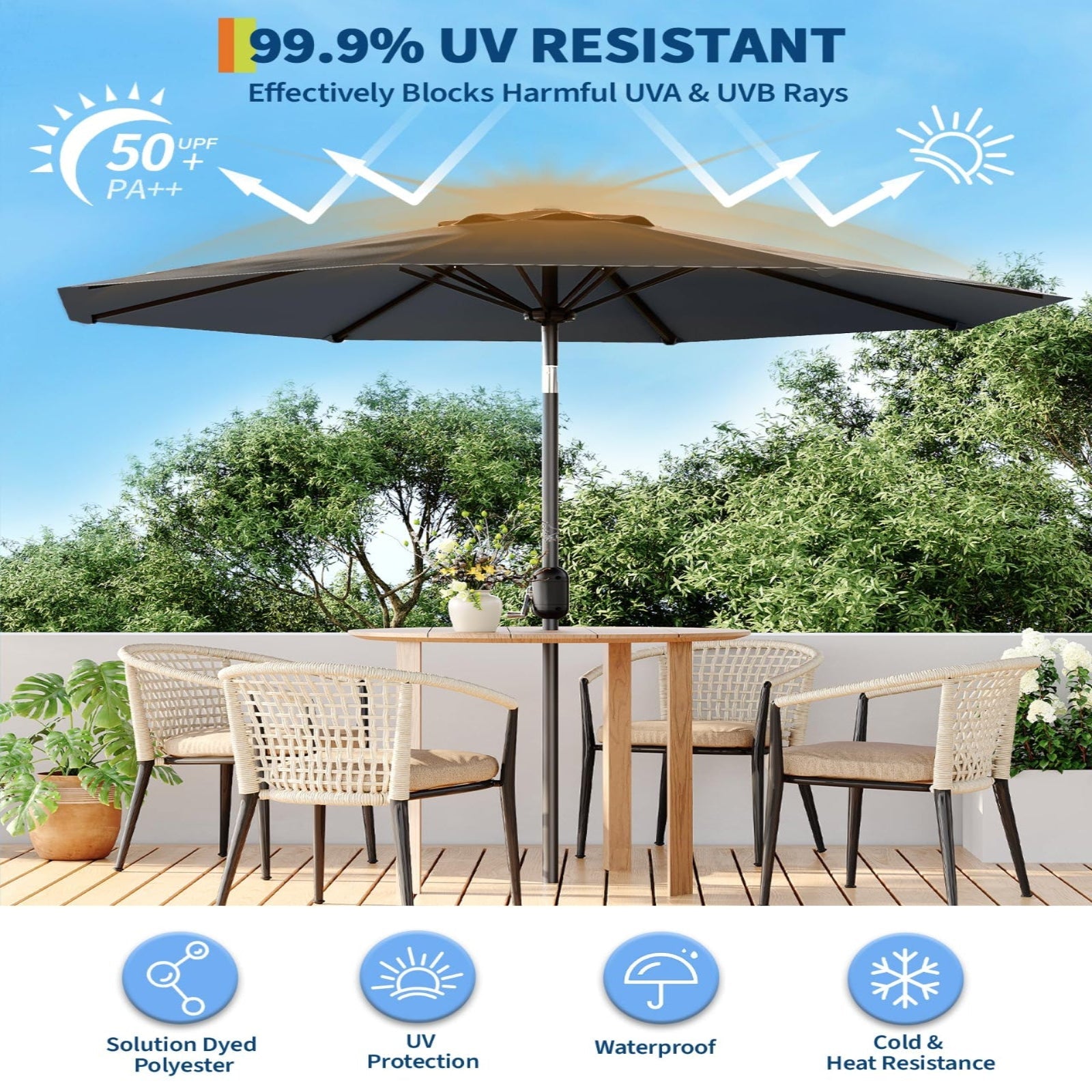 Garvee 9' Outdoor Patio Umbrella, Outdoor Table Umbrella, Market Umbrella with Push Button Tilt and Crank, 8 Sturdy Ribs UV Protection Waterproof for Garden, Deck, Backyard, Pool, Grey