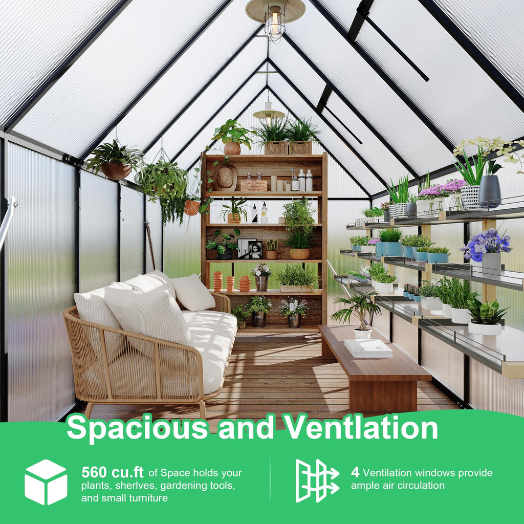 Garvee 6'x9' Aluminum-Framed Polycarbonate Greenhouse – Heavy Duty Greenhouse Kit with Quick Setup, Roof Vent