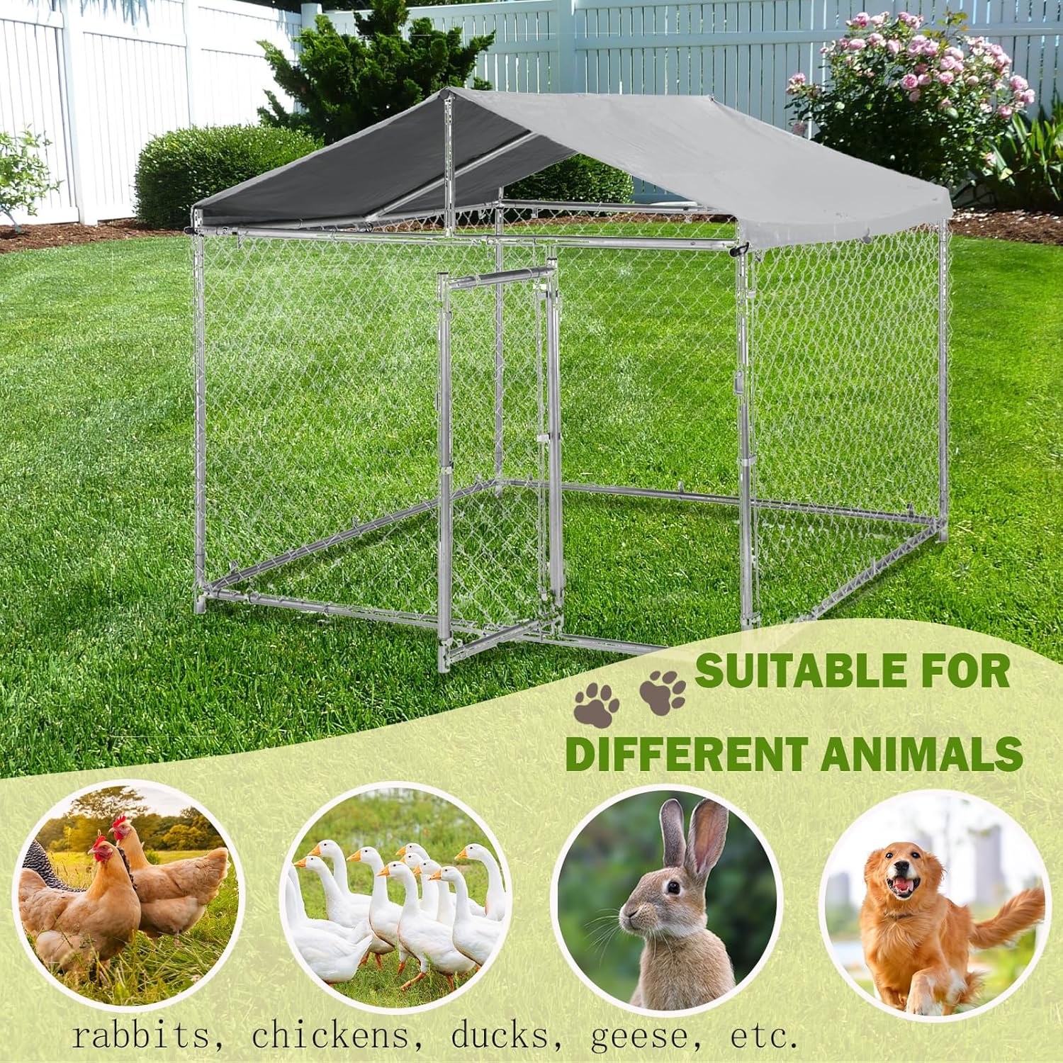 Garvee 6.6ft Heavy Duty Dog Kennel with Pointed Roof, Indestructible Large Kennel Indoor&Outdoor, Dog Enclosure Outside with UV-Resistant Cover for High Anxiety Dogs, Rabbits, Chicken Farming
