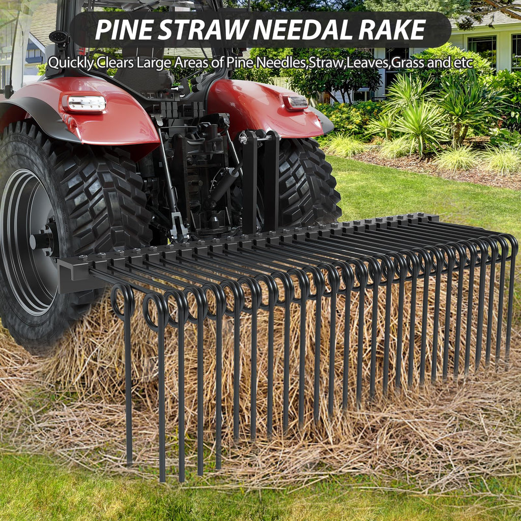 Garvee 72 Inch Pine Straw Needle Rake, 3 Point Landscape Rake, Powder Coated Steel Spring Tow Behind Rake, Tractor Rake Attachments for Leaves Straw Grass Attach to Cat 0 Cat 1, Black