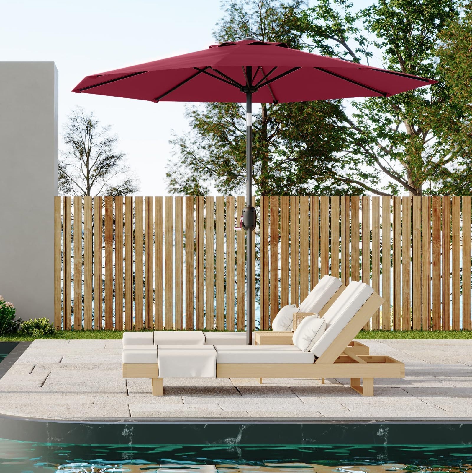 Garvee 9' Outdoor Patio Umbrella, Outdoor Table Umbrella, Market Umbrella with Push Button Tilt and Crank, 8 Sturdy Ribs UV Protection Waterproof for Garden, Deck, Backyard, Pool, Dark Red