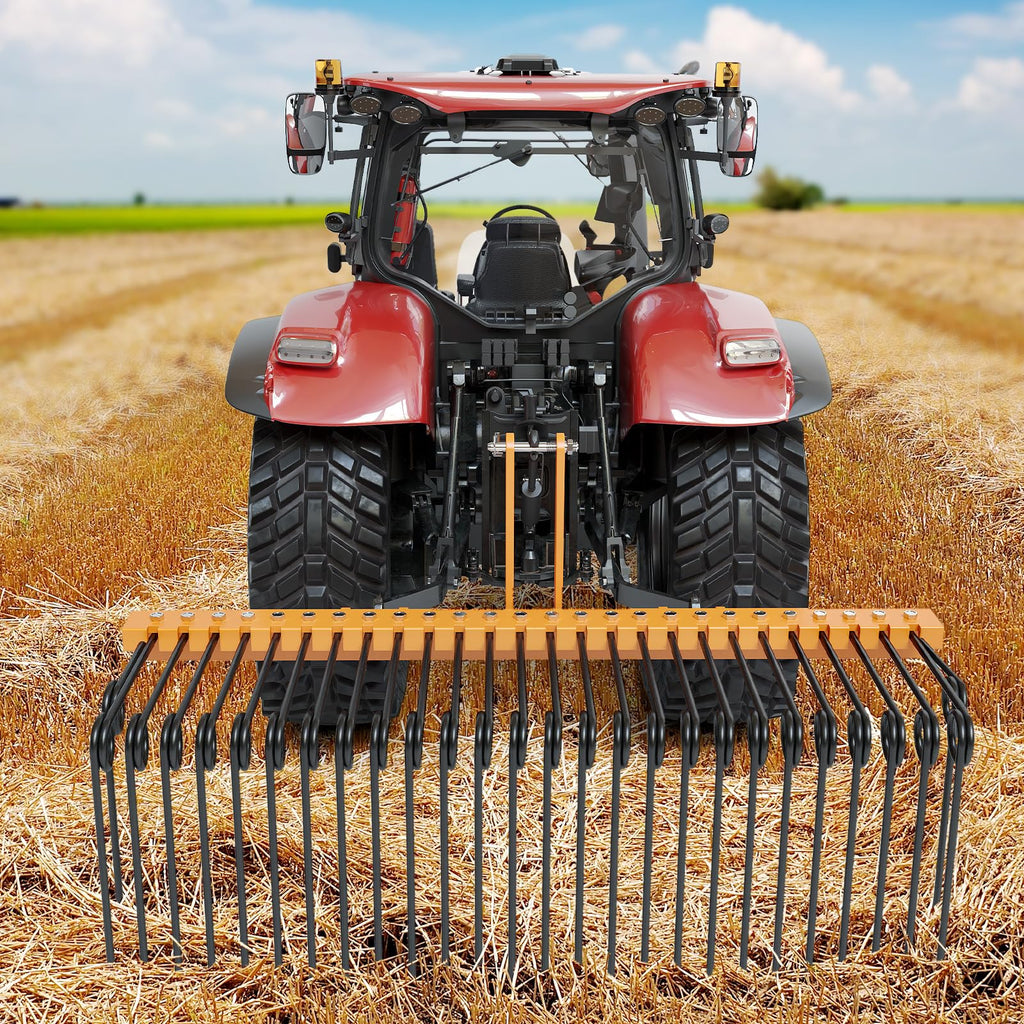 Garvee 60 Inches Pine Straw Needle Rake, 8mm 26pcs Coil Spring Tines, Durable Powder Coated 3 Point Straw Rake,Steel Spring Landscape Rake Fit for Cat1 Tractors - Orange+Black