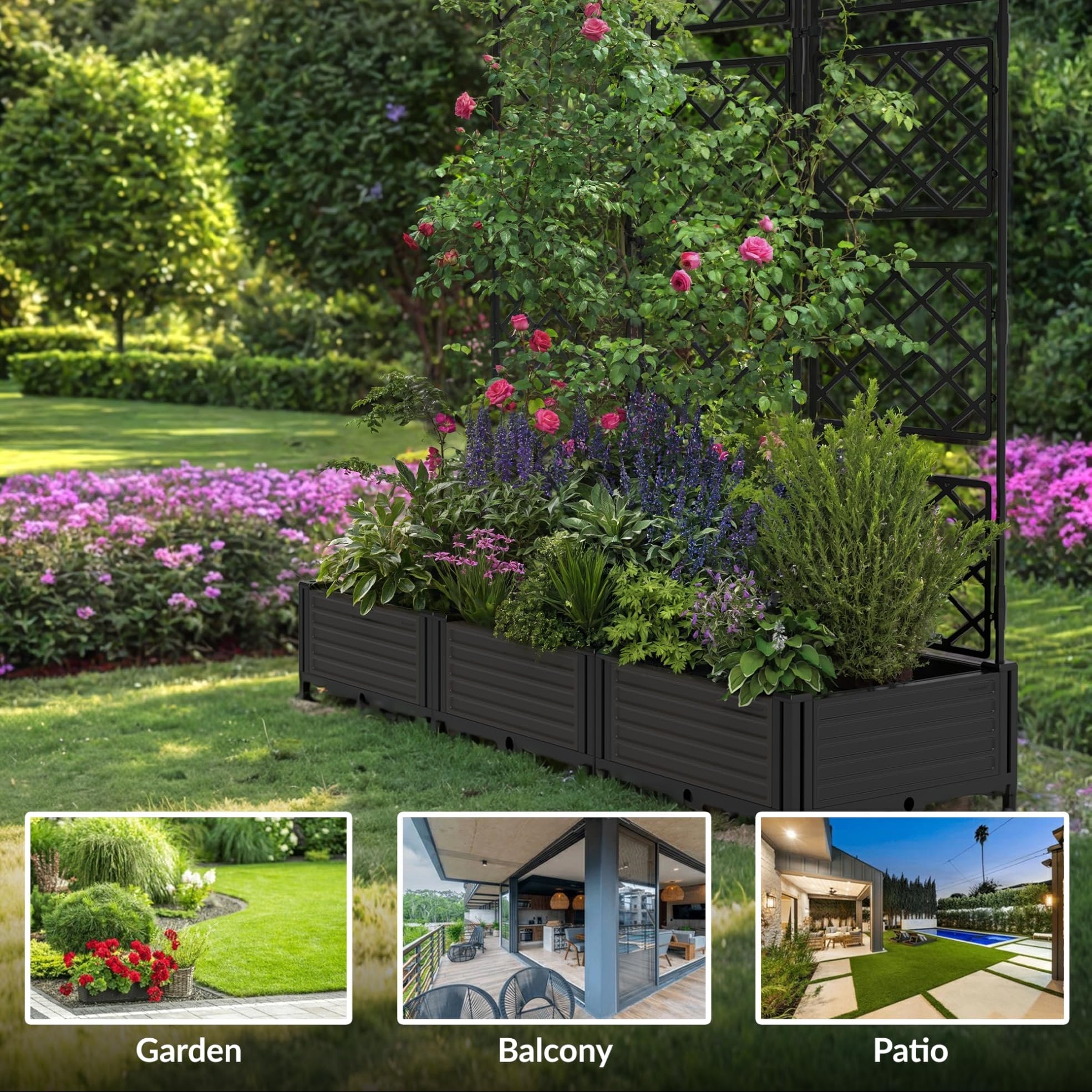 Garvee 3-Pack PP Planter Boxes with Trellis, 48.8" x 16.2" X 63" Modular Red & Privacy Screen, Black