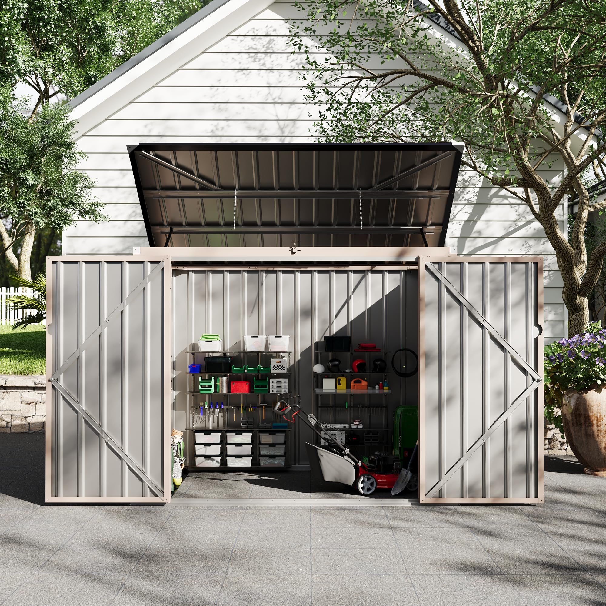 Garvee 3x6ft Metal Outdoor Storage Shed for 2 Trash Cans, Garbage Bin Shed with Chain Lid, Durable Garden, Backyard & Patio Storage