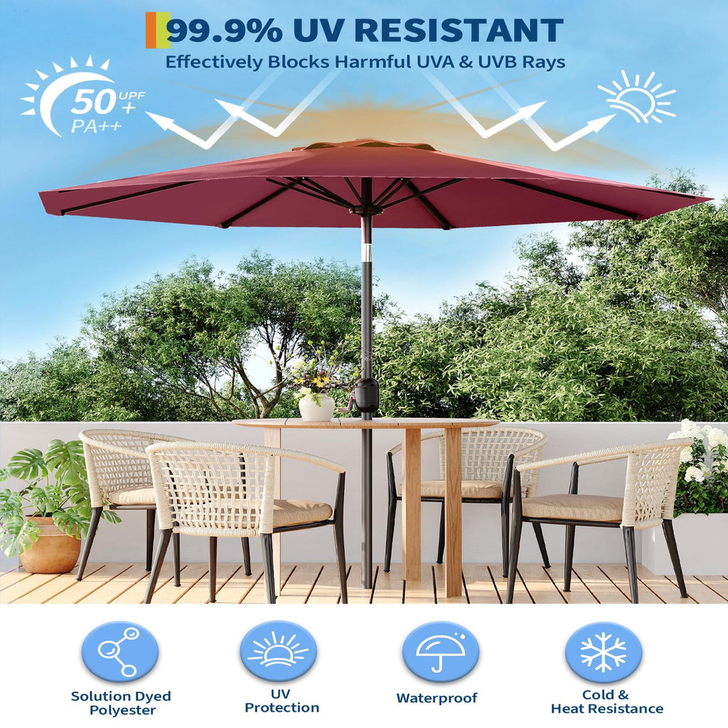 Garvee 9' Outdoor Patio Umbrella, Outdoor Table Umbrella, Market Umbrella with Push Button Tilt and Crank, 8 Sturdy Ribs UV Protection Waterproof for Garden, Deck, Backyard, Pool, Dark Red
