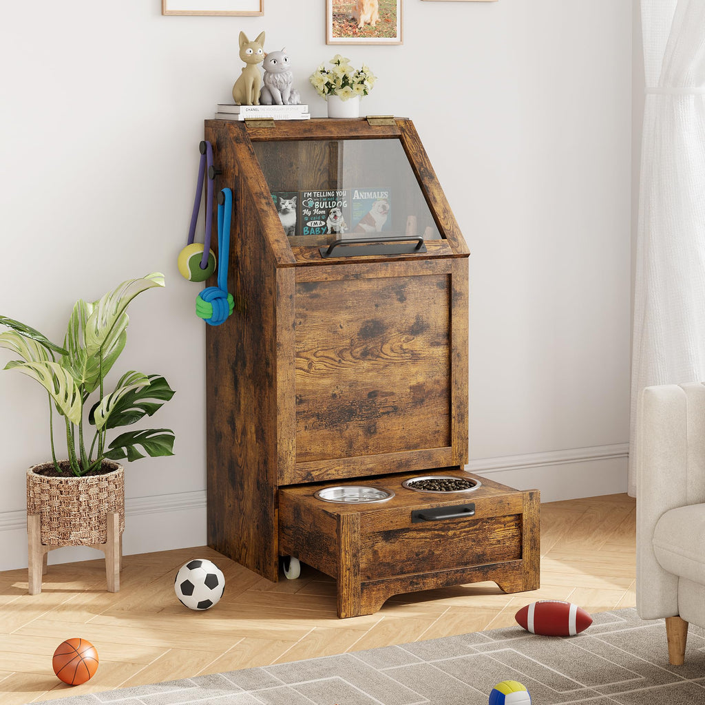 Garvee Pet Food Cabinet with 2 Elevated Bowls, Dog Feeding Station, Brown, Ample Storage, Concealed Feeder, Flip-Top Design