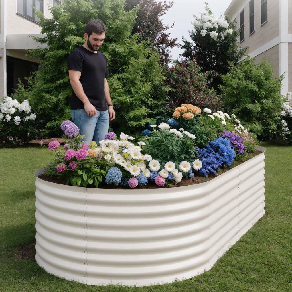 Garvee 8' X 4' X 2' Oval Metal Raised Garden Bed with Safety Edging, Outdoor Planter Box for Vegetables & Plants, Beige