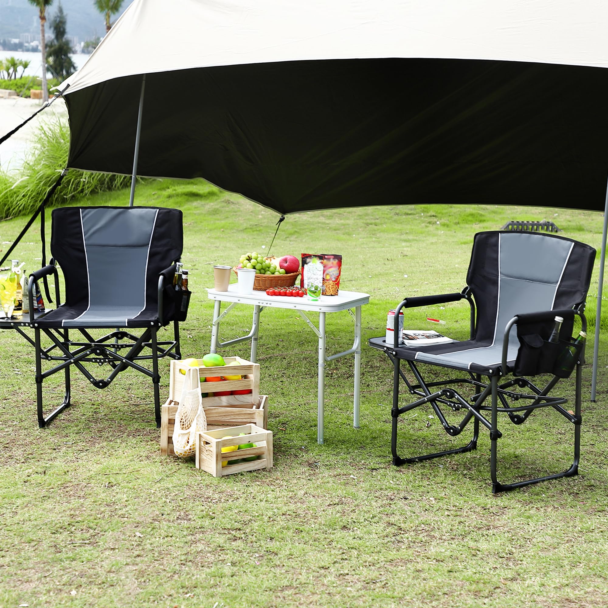 Garvee Camping Chair with Side Table & Storage, Portable Folding Chair for Lawn, Fishing, Sports Events, 400 LB Capacity