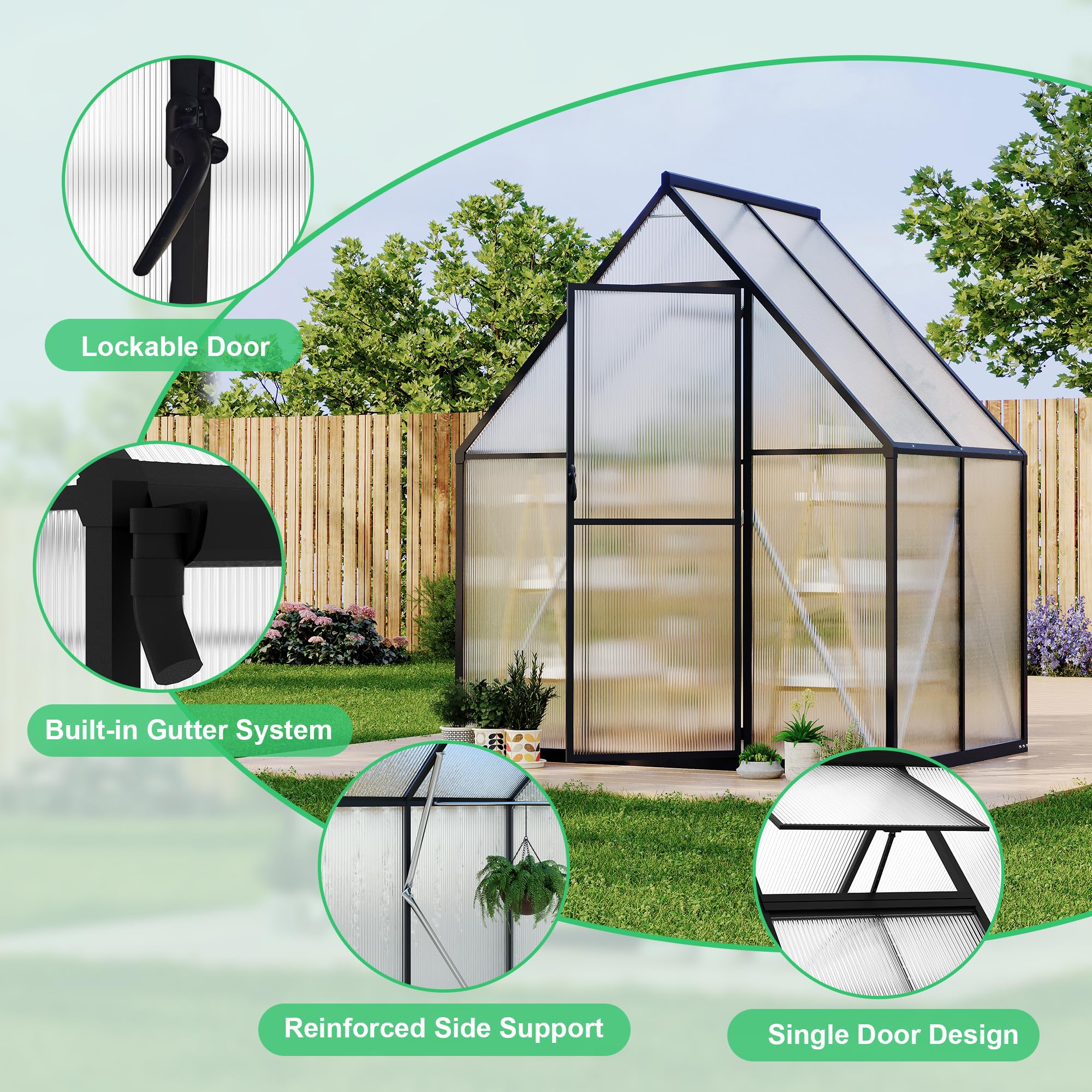 Garvee 6'x4' Aluminum-Framed Polycarbonate Greenhouse, Heavy Duty Polycarbonate Greenhouse With Quick Setup Structure and Roof Vent, Large Enhanced Aluminum GreenhouseKit for Outdoors