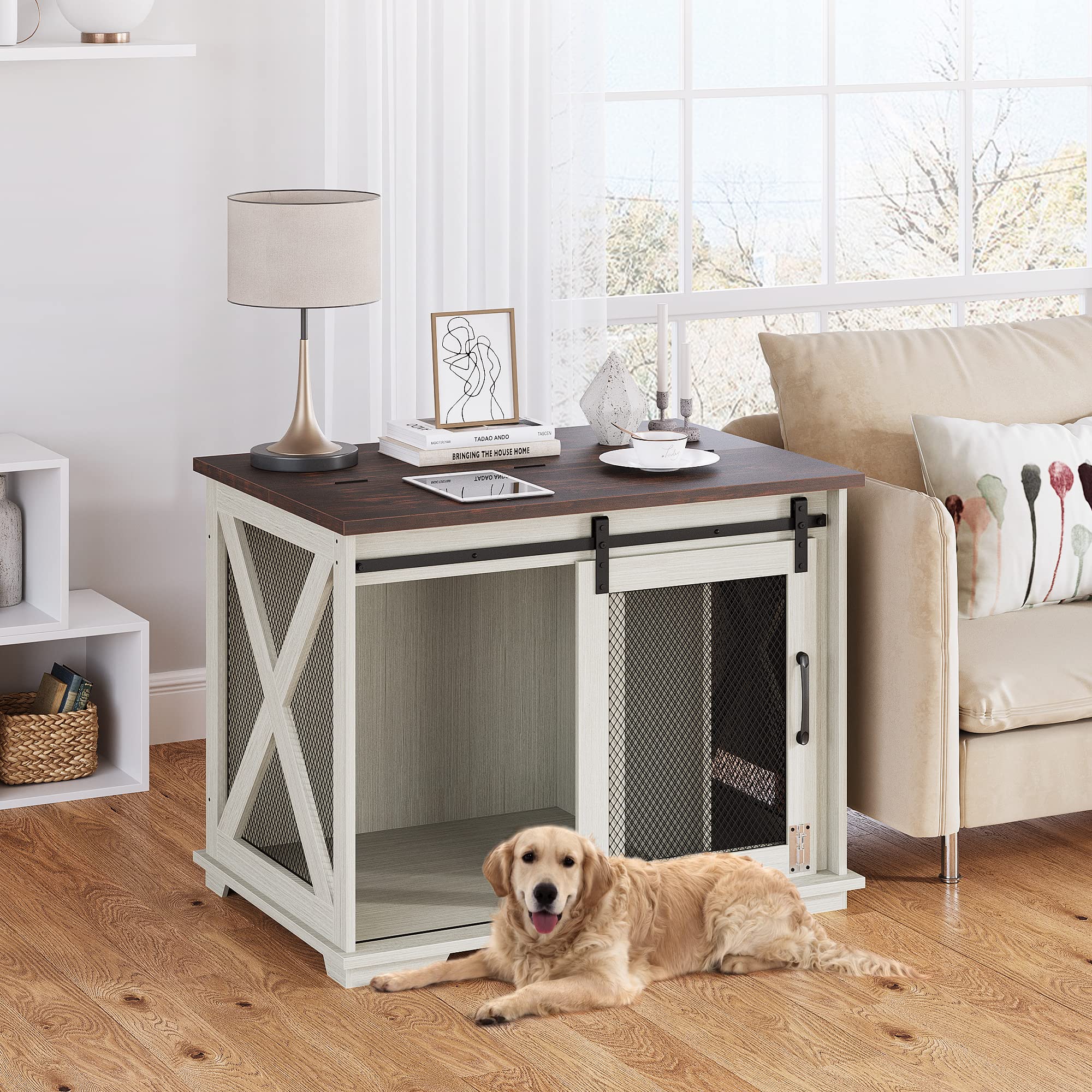 Garvee 37" Dog Crate Furniture Side End Table with Flip Top and Movable Divider, Wooden Dog Crate Table Large, Style Dog Kennel Side End Table, White