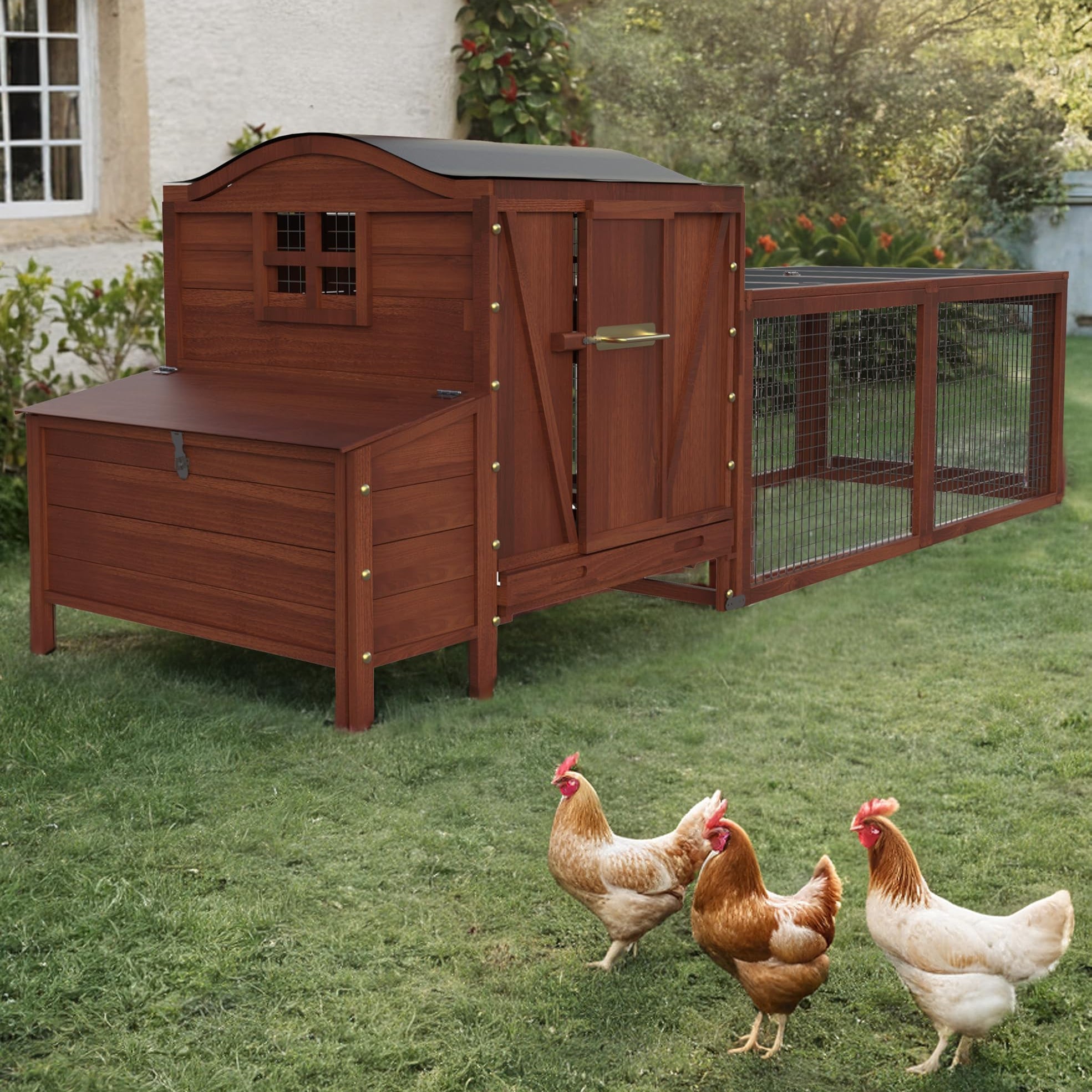 Garvee Chicken Coop, Outdoor Chicken Coop for 3-5 Chickens, 106in Chicken Coop with Run, Wooden Chicken Coop with Waterproof Roof, Nesting Box, Pull Out Trays and Ramp, Red Train