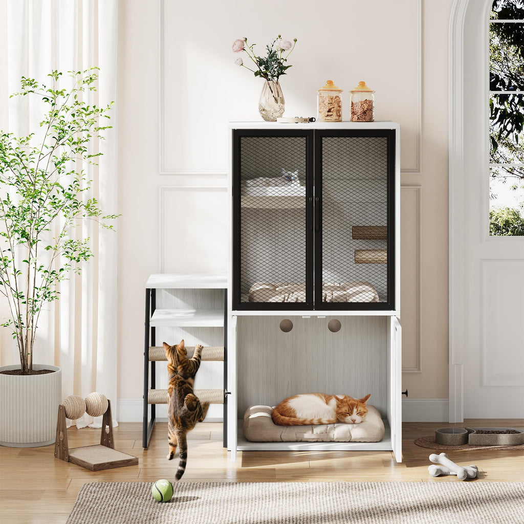 Garvee Cat Litter Box Enclosure With Doors Double Cat House Storage Space Ladder Retro White 22.6"L x 17.7"W x 10.9"H