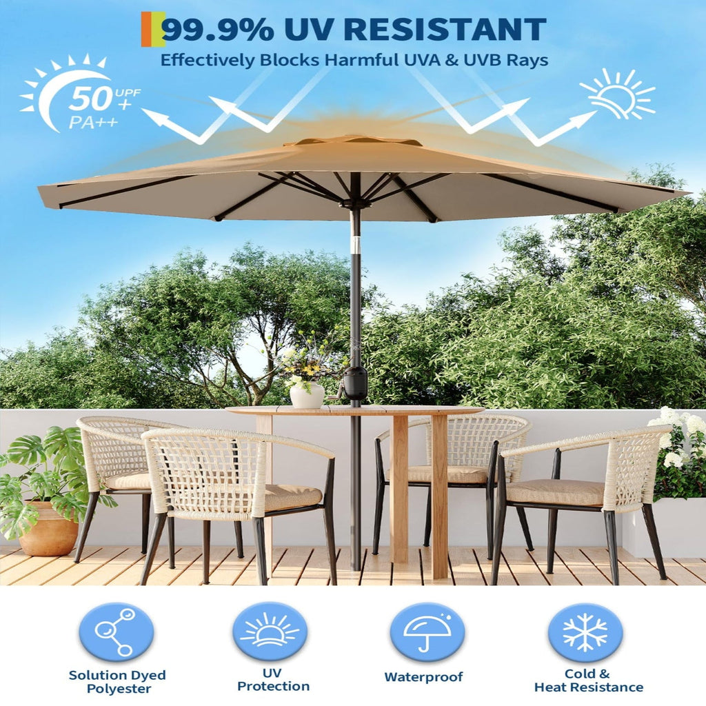 Garvee 9 ft Outdoor Patio Umbrella with 8 Sturdy Ribs, Crank Lift, Push-Button Tilt & UV-Resistant Waterproof Canopy for Pool, Deck, Yard & Garden, Tan