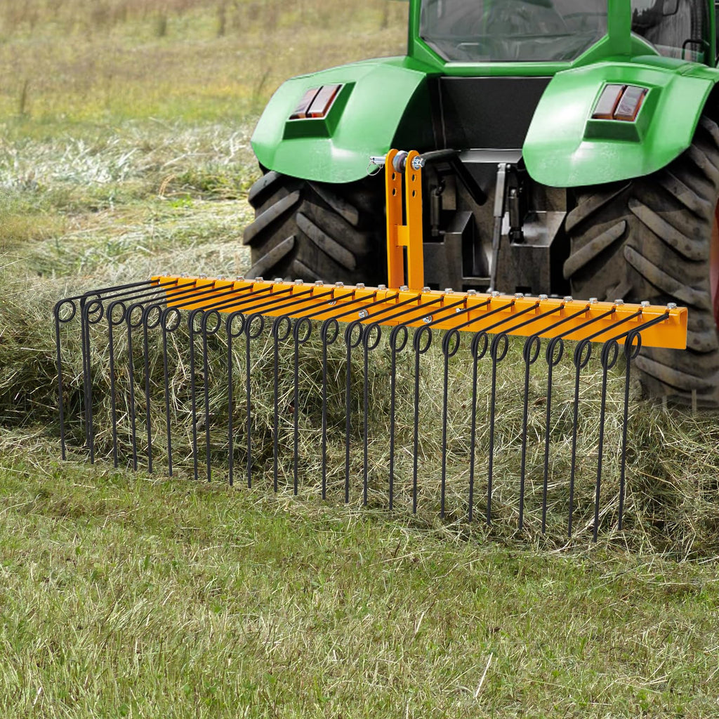 Garvee 60 Inch Pine Straw Rake - 26pcs 8mm Coil Spring Tines Durable Powder Coated Steel Tow Behind Landscape Rake with 3 Point Hitch Receiver Attachment Fit to Cat0 Cat 1 Tractors for Leaves Grass, Yellow