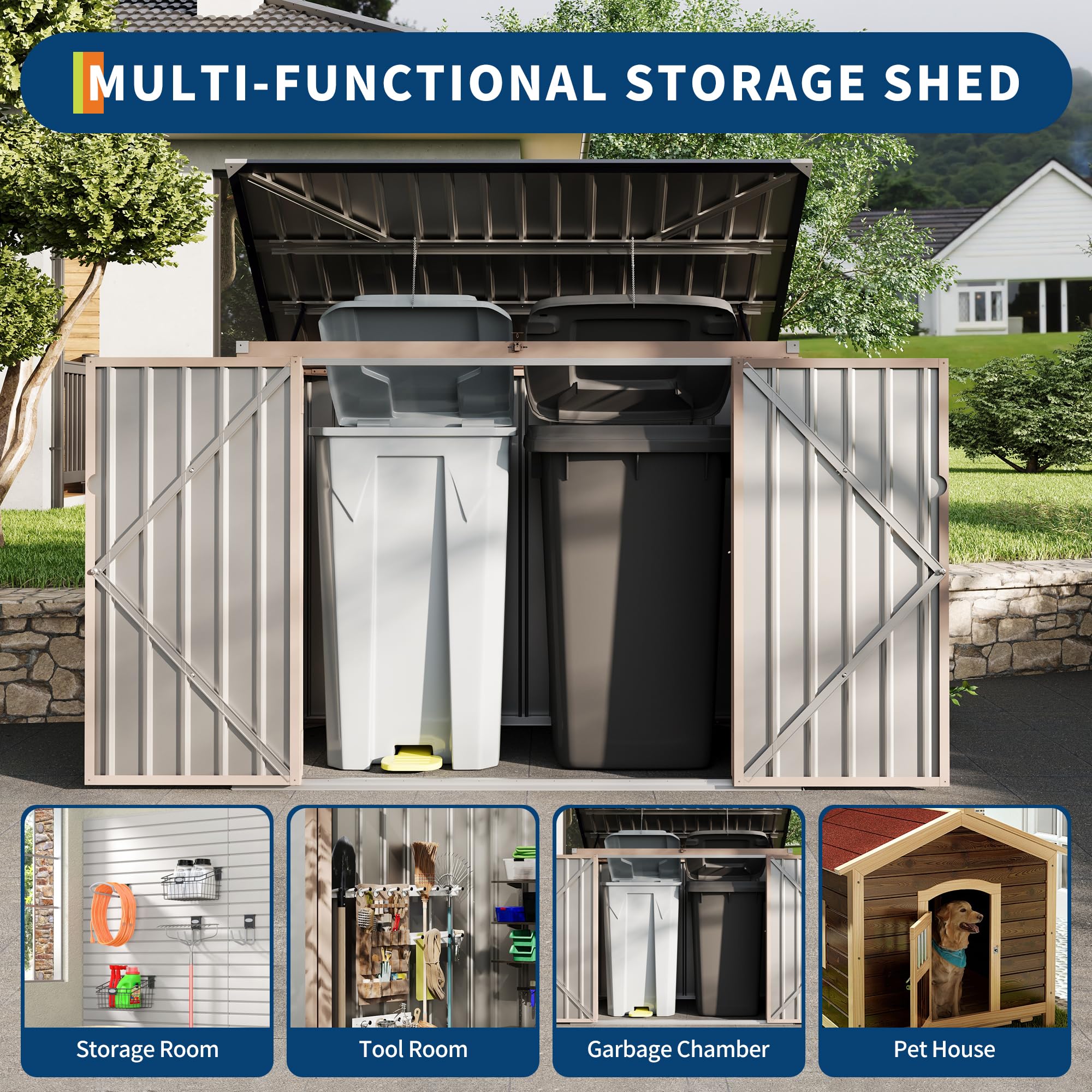 Garvee 3x6ft Metal Outdoor Storage Shed for 2 Trash Cans, Garbage Bin Shed with Chain Lid, Durable Garden, Backyard & Patio Storage