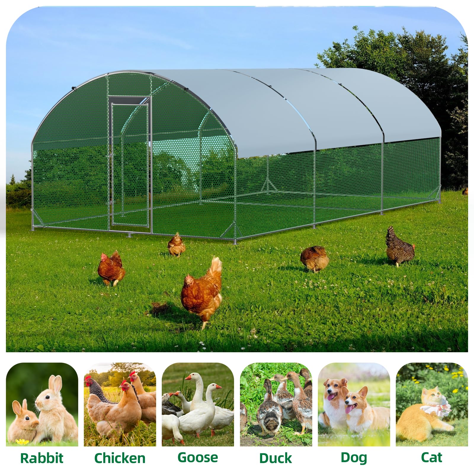 Garvee Large Metal Chicken Coop 9.2x18.7x6.5 Ft, Walk-in Poultry Cage Duck House with Waterproof Anti-Uv Cover Snowy Proof, Tri-Supporting Reinforced, Robust Wire Mesh, Galvanized Iron Pipes, for Farm Use