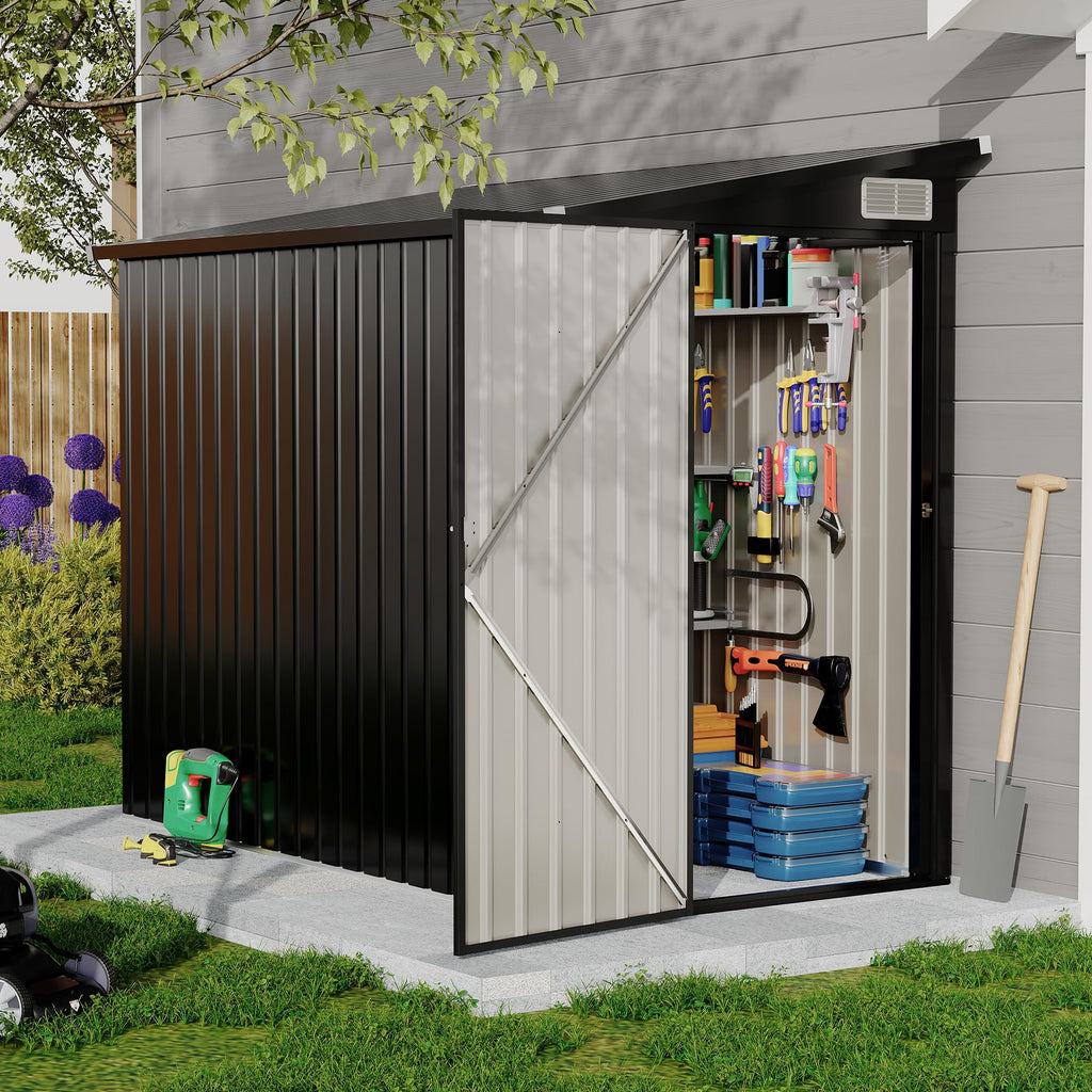 Garvee 4x8ft Metal Outdoor Lean-To Storage Shed, Heavy-Duty Garden Utility Tool Shed with Metal Wall Side, Weather-Resistant & Durable