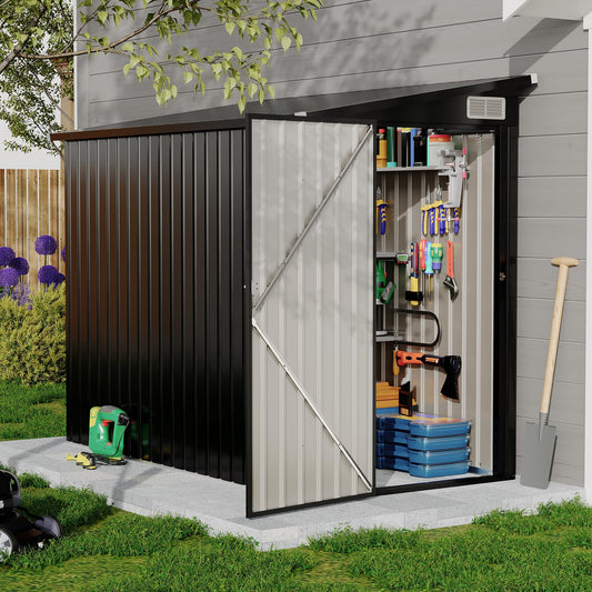 Garvee 4x8ft Metal Outdoor Lean-To Storage Shed, Heavy-Duty Garden Utility Tool Shed with Metal Wall Side, Weather-Resistant & Durable