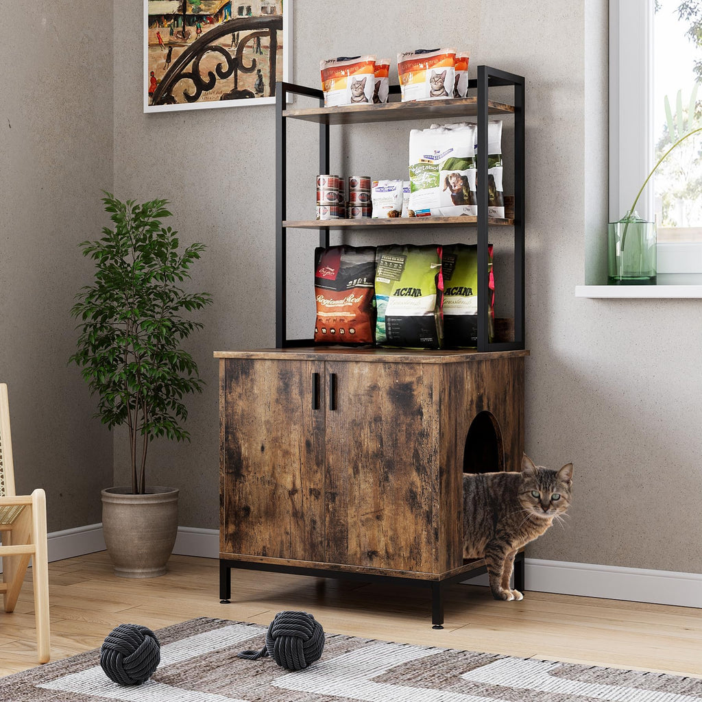 Garvee Litter Box Enclosure Cat Cabinet + Hidden Cat Litter Box + 2 Storage Shelves + Vintage Wood + Indoor Cat House + Rustic Brown
