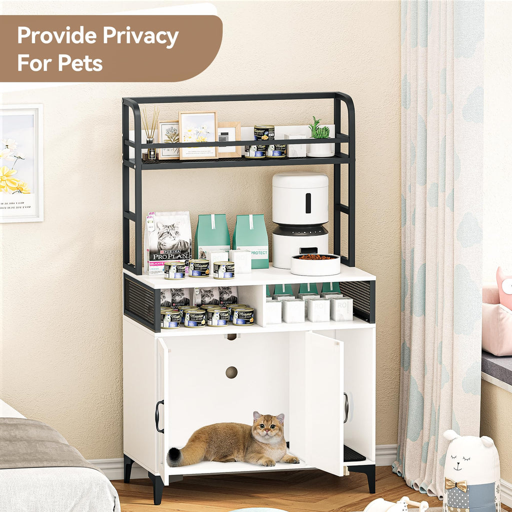 Garvee Hidden Cat Litter Box Enclosure Furniture with Shelf Storage,Litter Box Furniture,Sturdy Cat Washroom,Indoor Wooden Cat House Storage, White