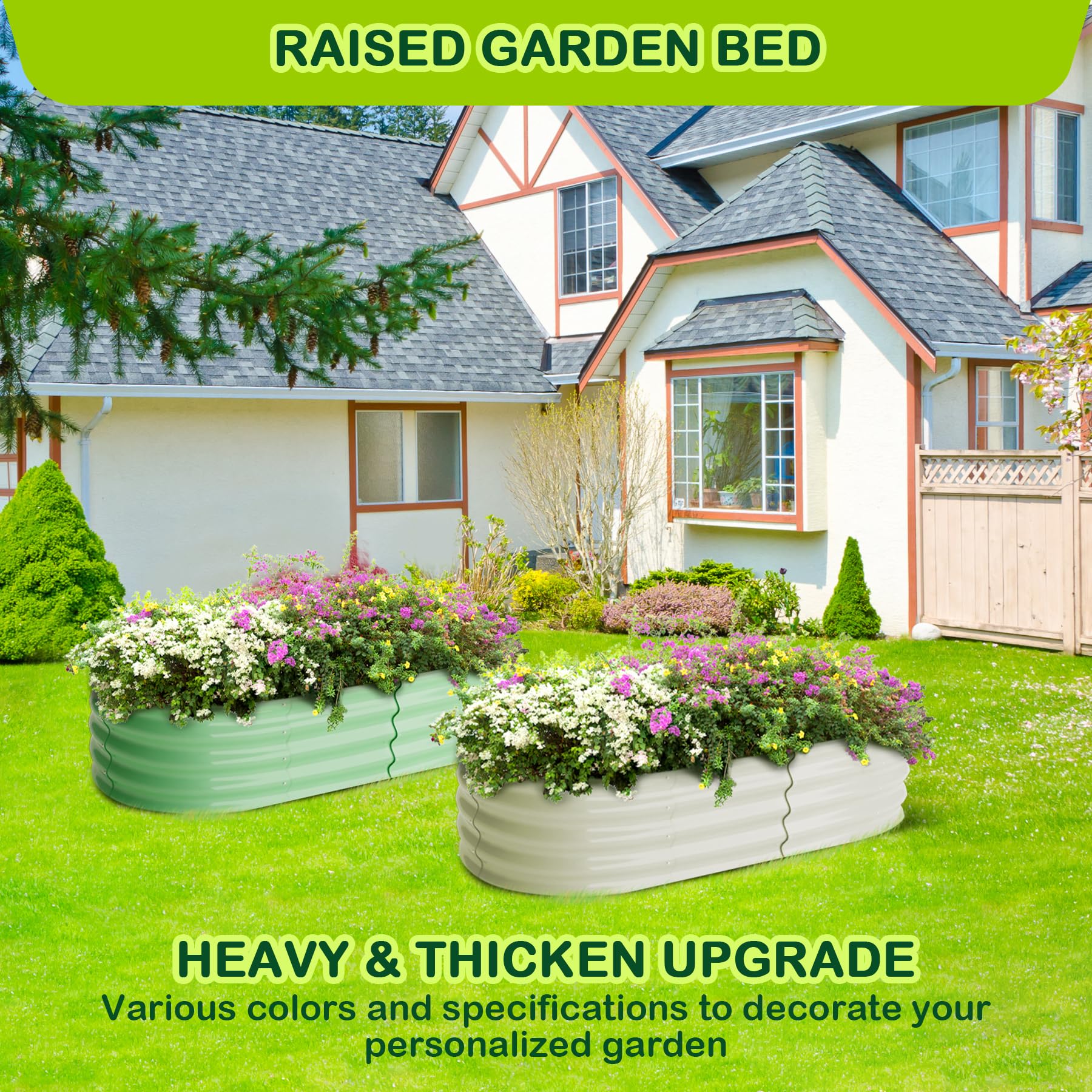 Garvee 2 Pcs 4.5' X 2' X 1' Galvanized Raised Garden Bed Outdoor,Planters for Outdoor Plants,Open-Ended Base Planter Raised Boxes,Oval Metal Planter Box for Vegetables, Flowers, Fruits,Rubber Edge, Green