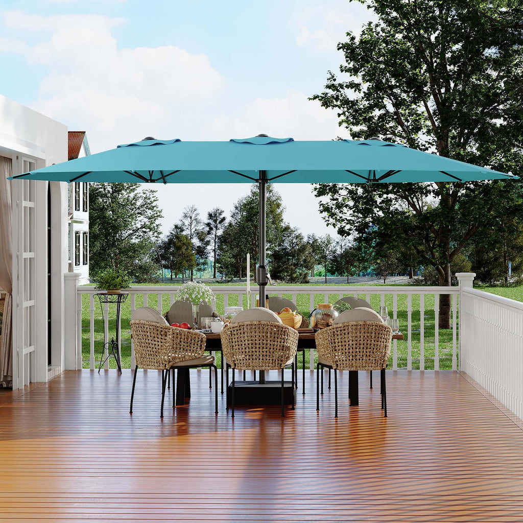 Garvee 15' Large Patio Umbrella with Base, Outdoor Double-Sided Rectangle Market Umbrella Outside Umbrellas for Poolside Lawn Backyard, Misty Blue