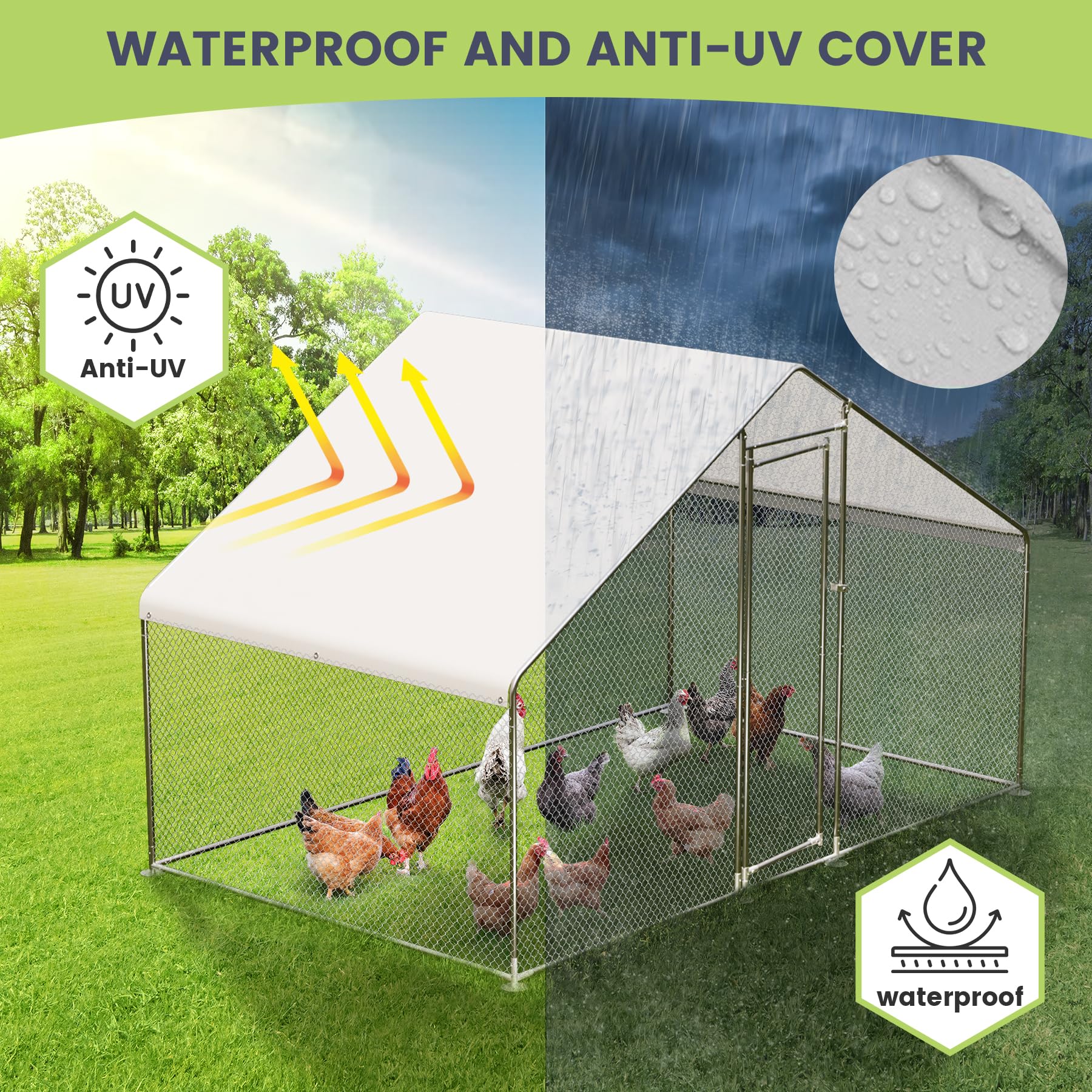 Garvee Large Metal Chicken Coop, Walk-in Poultry Cage, Large Outdoor Chicken Coop with Waterproof Cover for Outdoor Yard Farm Use (9.8x6.5x6.5FT)