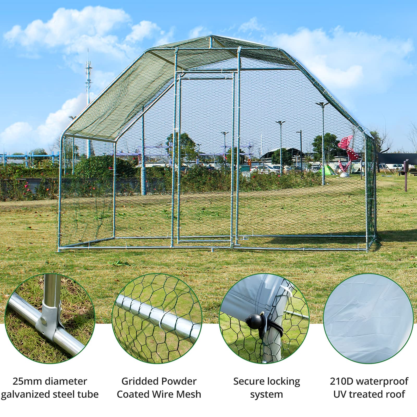 Garvee Large Walk-In Chicken Coop - 9.5'x6.5'x6' Galvanized Metal Poultry Cage w/Waterproof UV Cover for Hens, Ducks, Rabbits