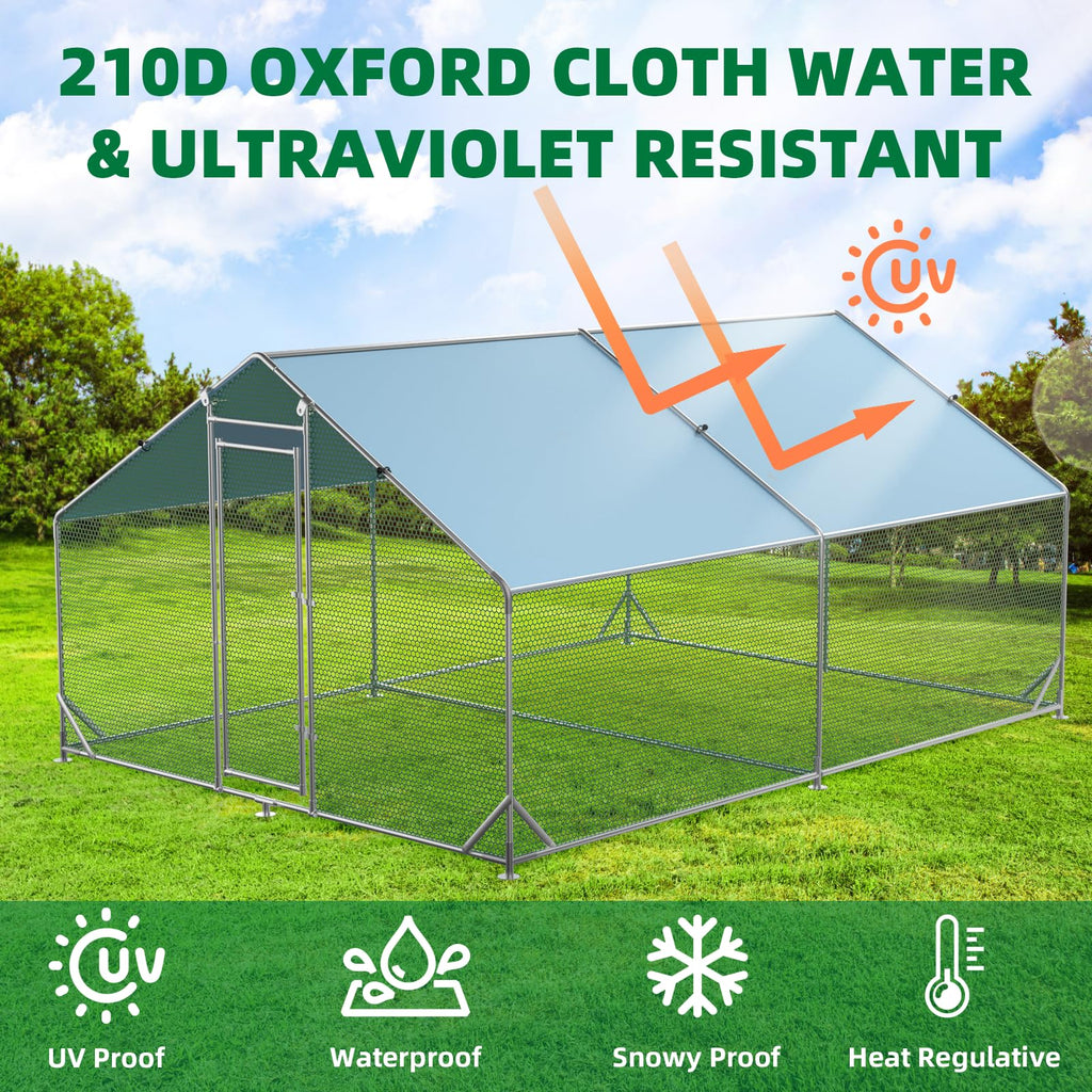 Garvee Chicken Run 9.8'x13'x6.4', Large Metal Chicken Coop Heavy Duty Hen House with Waterproof Anti-Uv Cover for Outdoor Chicken Pens with Reforced Tri-Supporting Steel Frame, Silver, Spire Roof
