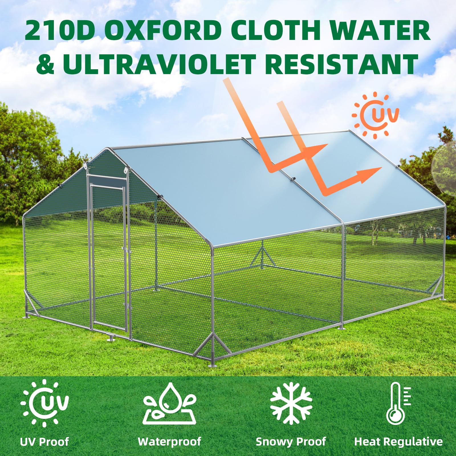 Garvee Chicken Run 9.8'x13'x6.4', Large Metal Chicken Coop Heavy Duty Hen House with Waterproof Anti-Uv Cover for Outdoor Chicken Pens with Reforced Tri-Supporting Steel Frame, Silver, Spire Roof